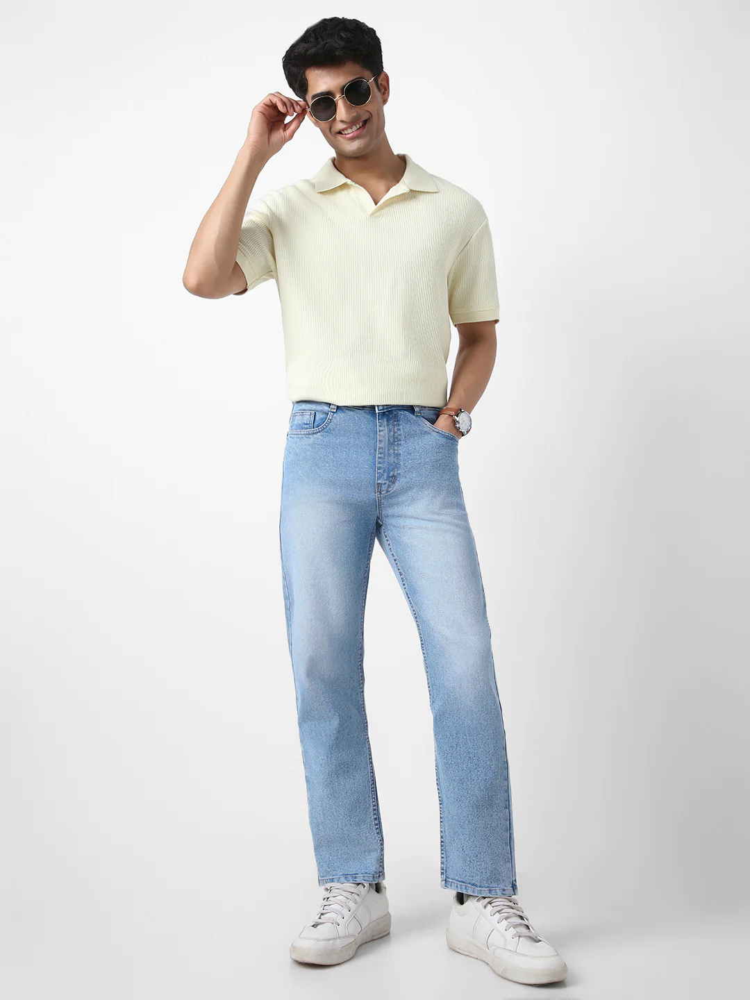 Men's Ice Blue Straight Fit Washed Jeans Stretchable - Image 4