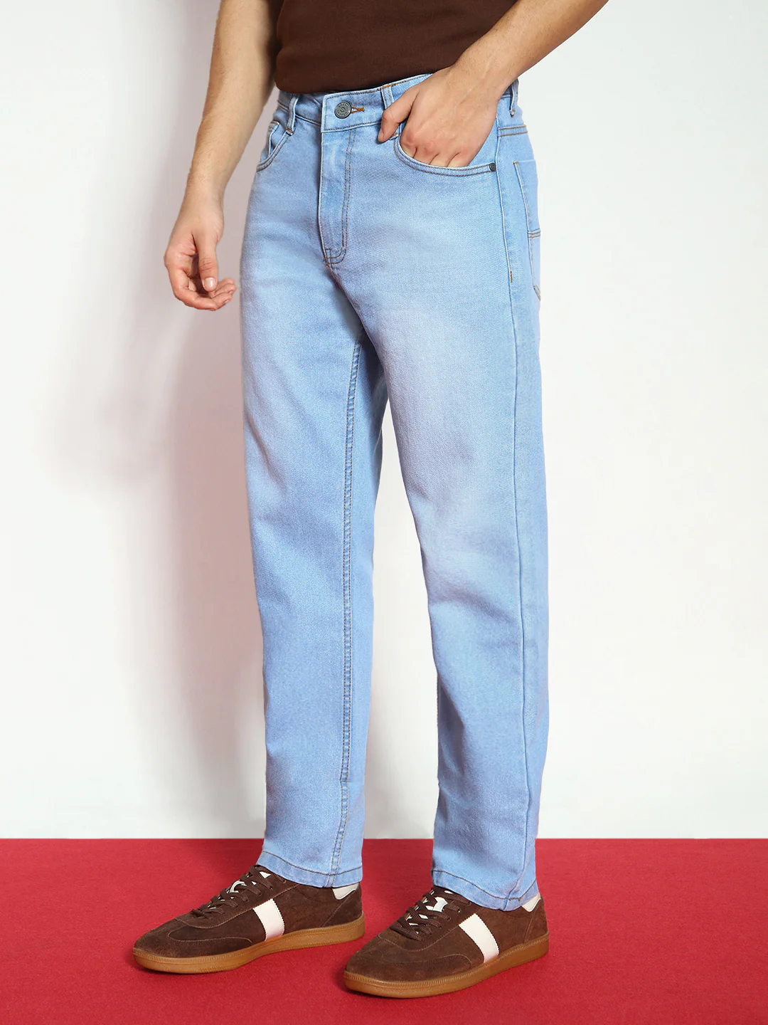 Men's Ice Blue Straight Fit Washed Jeans Stretchable - Image 2
