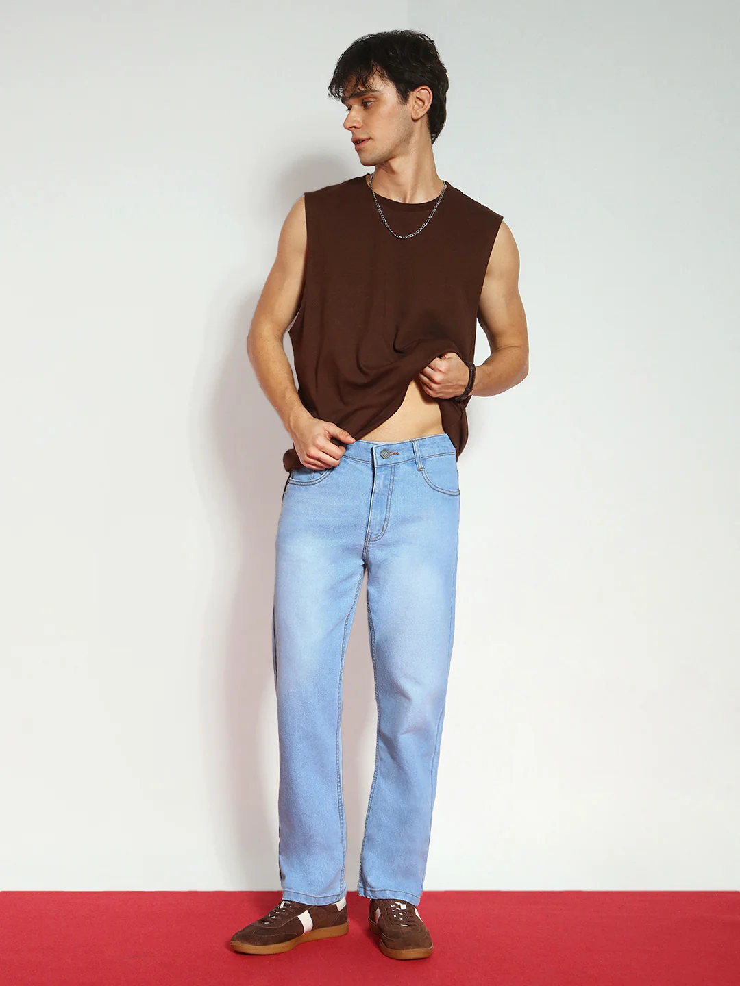 Men's Ice Blue Straight Fit Washed Jeans Stretchable - Image 4