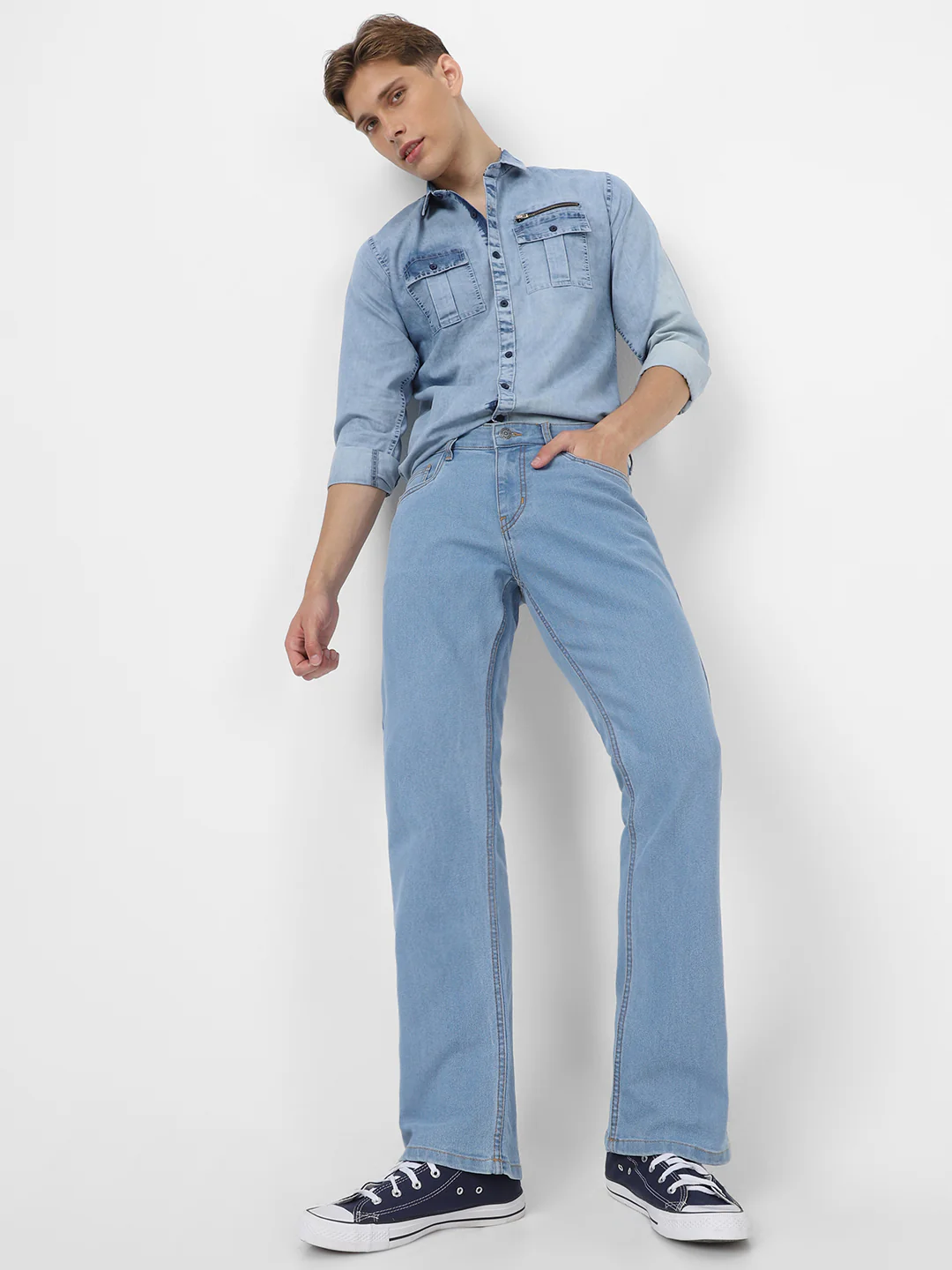 Men's Ice Blue Washed Bootcut Jeans Stretchable - Image 4