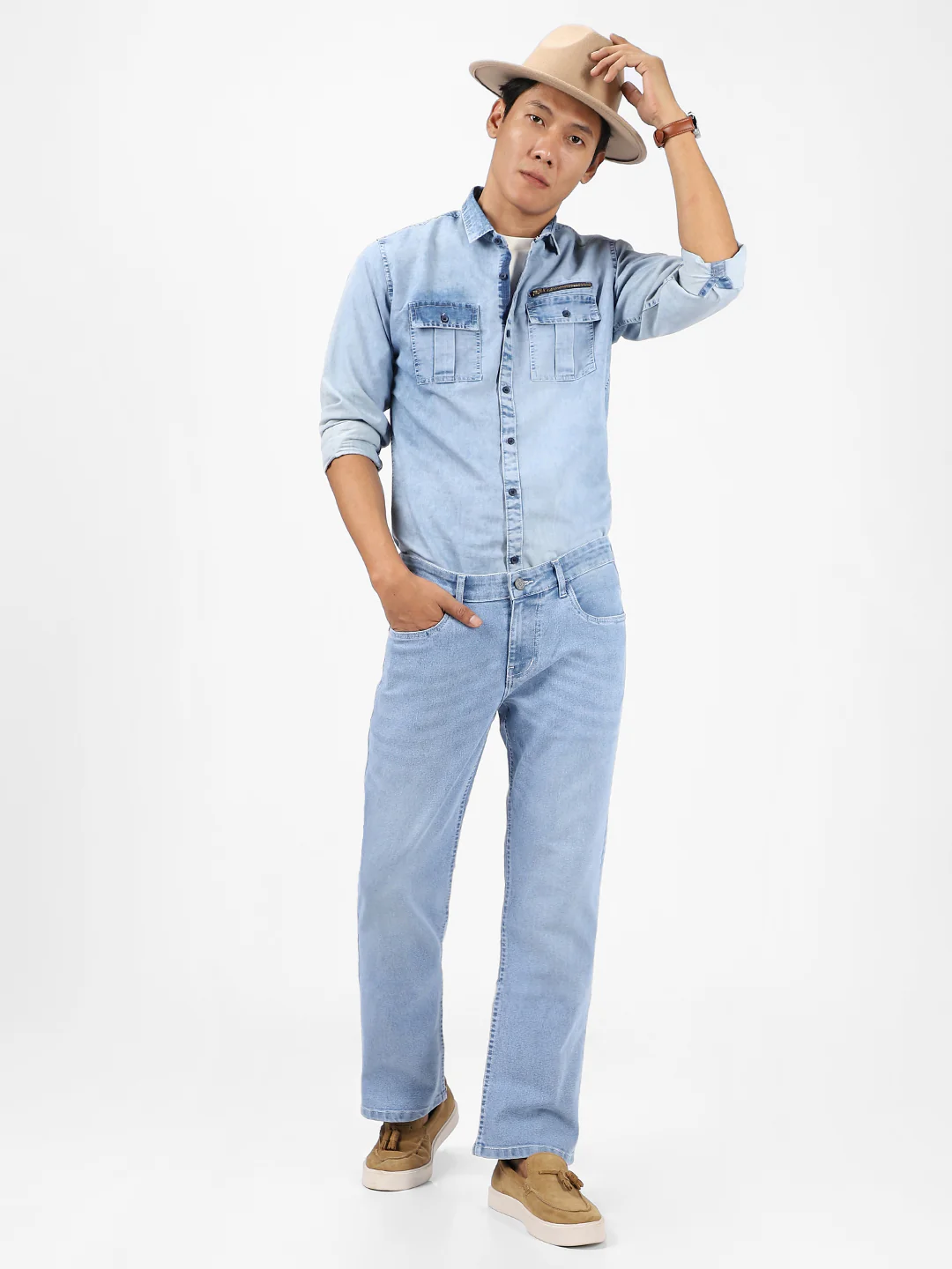 Men's Ice Blue Washed Bootcut Jeans Stretchable - Image 5
