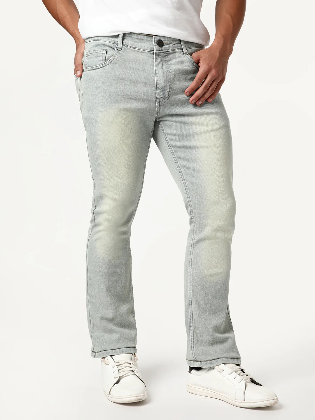 Men's Ice Grey Bootcut Fit Mid Rise Tinted Heavy Washed Jeans Stretchable - Image 2