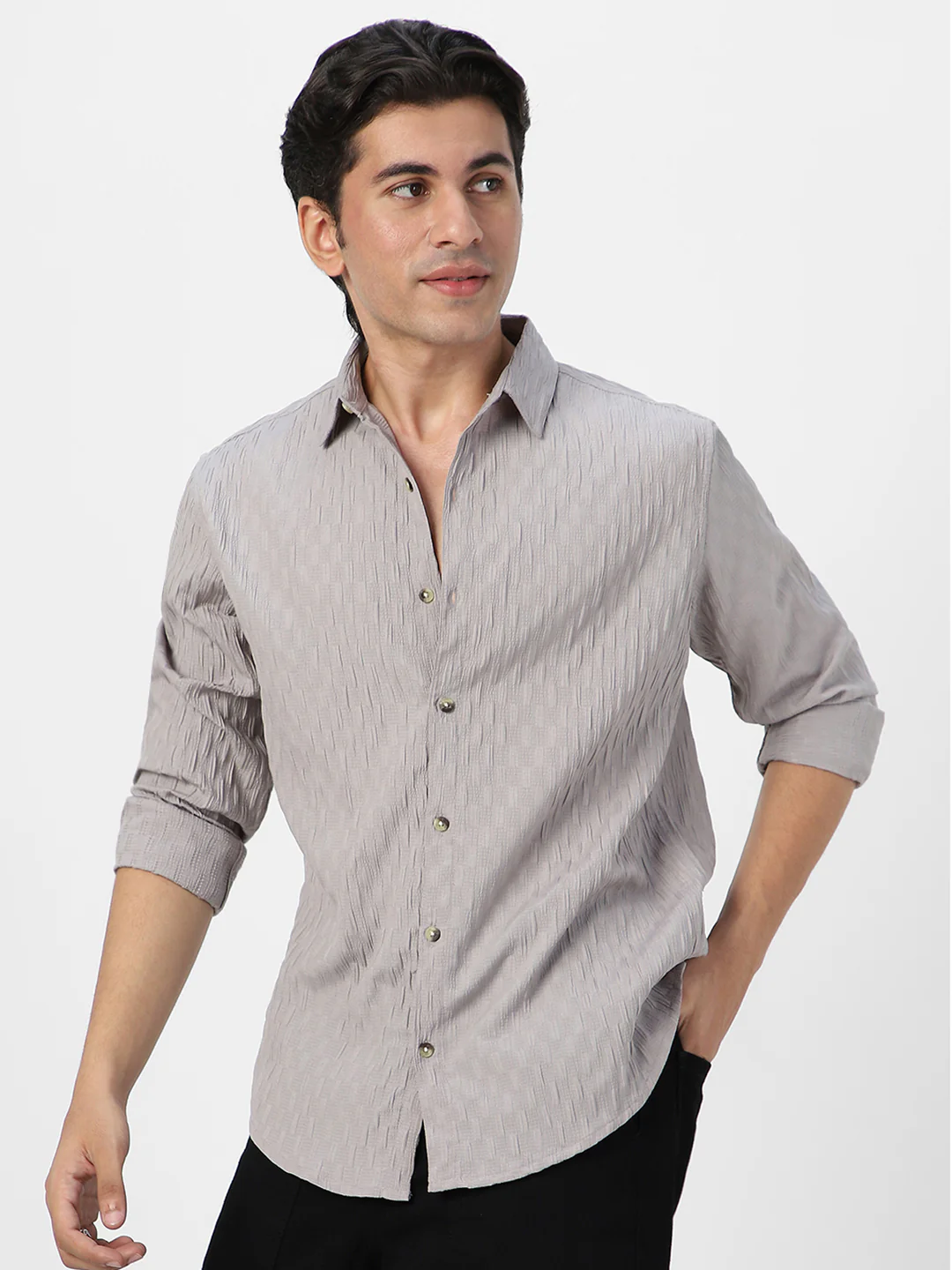 Men's Ice Grey Cotton Full Sleeve Regular Fit Textured Shirt with Spread Collar - Image 3