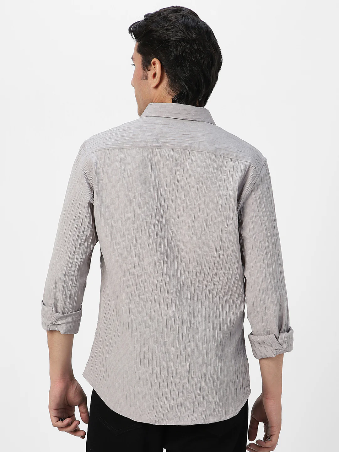 Men's Ice Grey Cotton Full Sleeve Regular Fit Textured Shirt with Spread Collar - Image 4
