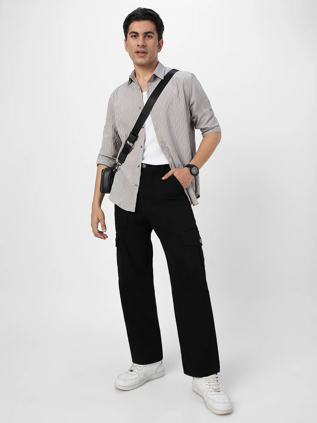 Men's Ice Grey Cotton Full Sleeve Regular Fit Textured Shirt with Spread Collar - Image 5