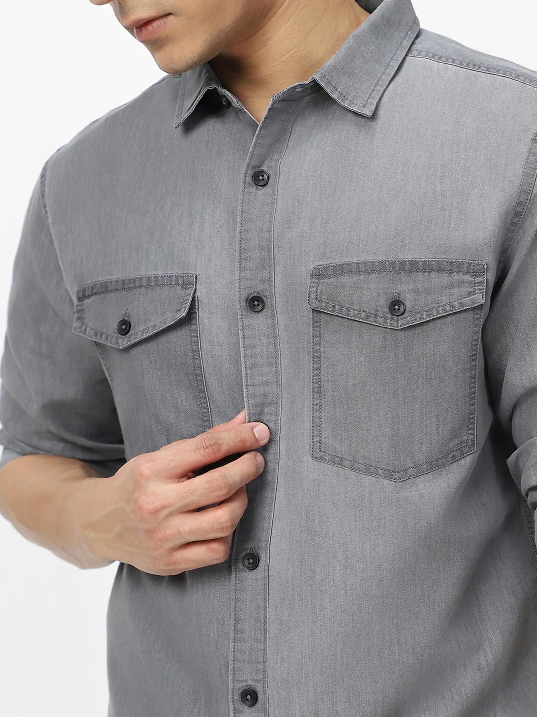 Men's Ice Grey Full Sleeve Regular Fit Casual Denim Shirt - Image 5
