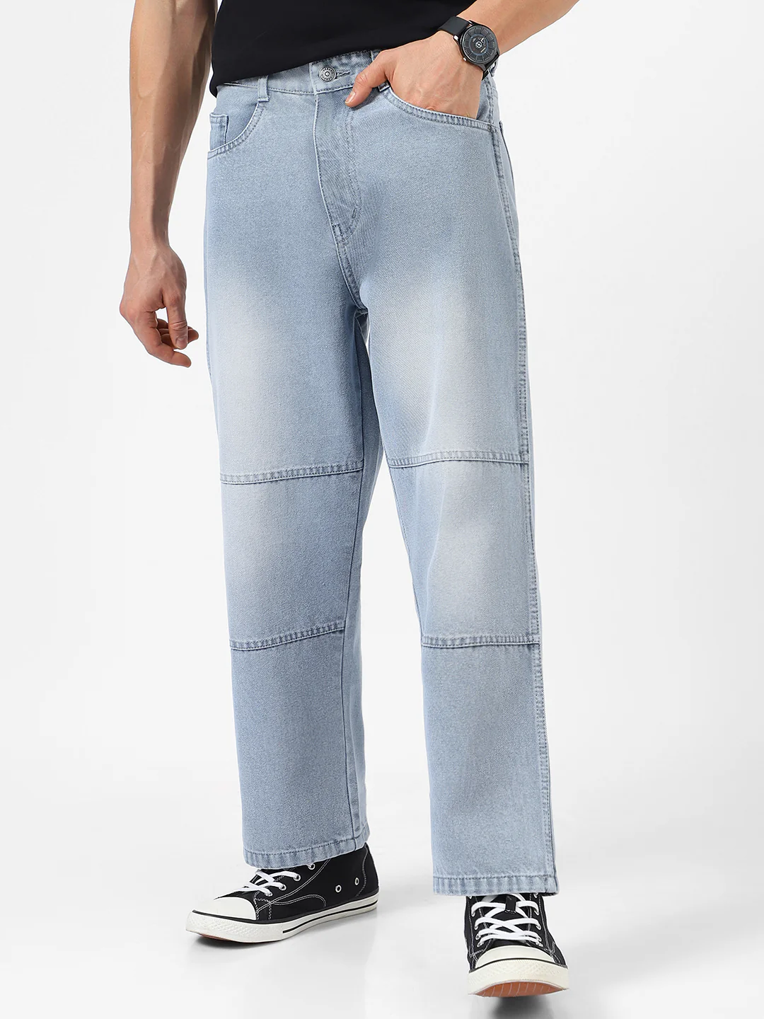 Men's Ice Grey Loose Baggy Fit Cut and Sew Panelled Jeans Non-Stretchable - Image 2