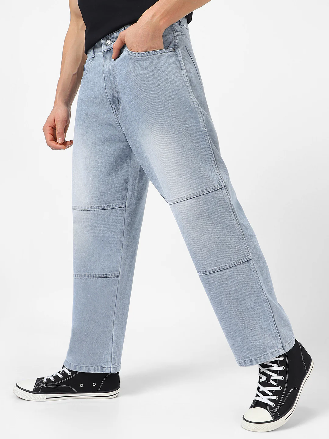 Men's Ice Grey Loose Baggy Fit Cut and Sew Panelled Jeans Non-Stretchable - Image 3