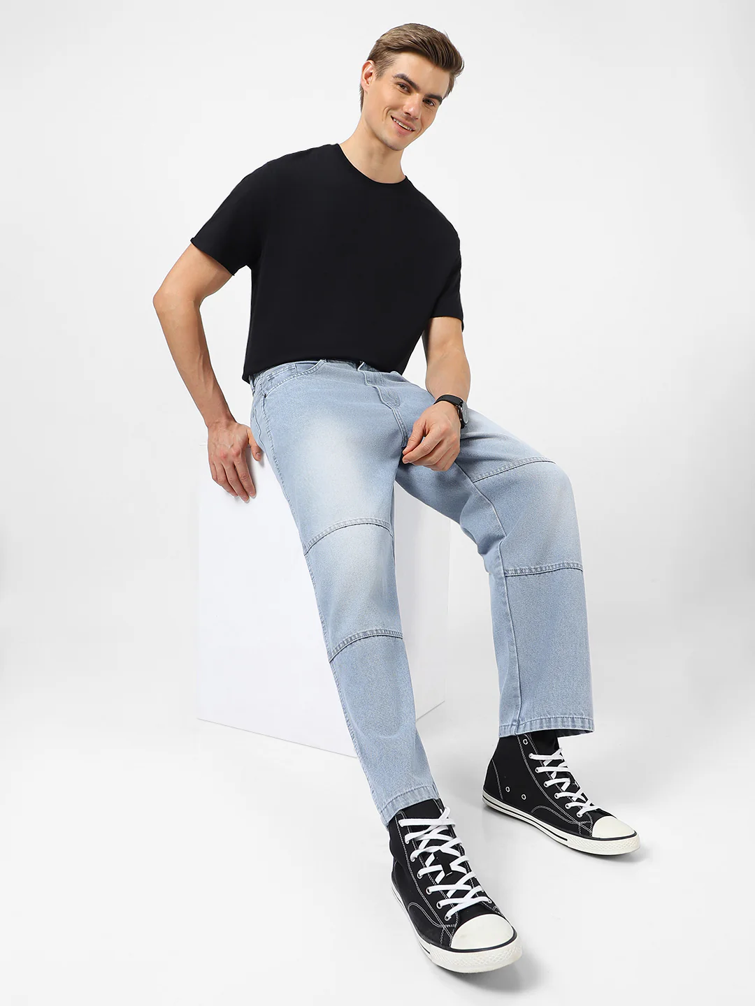 Men's Ice Grey Loose Baggy Fit Cut and Sew Panelled Jeans Non-Stretchable - Image 5