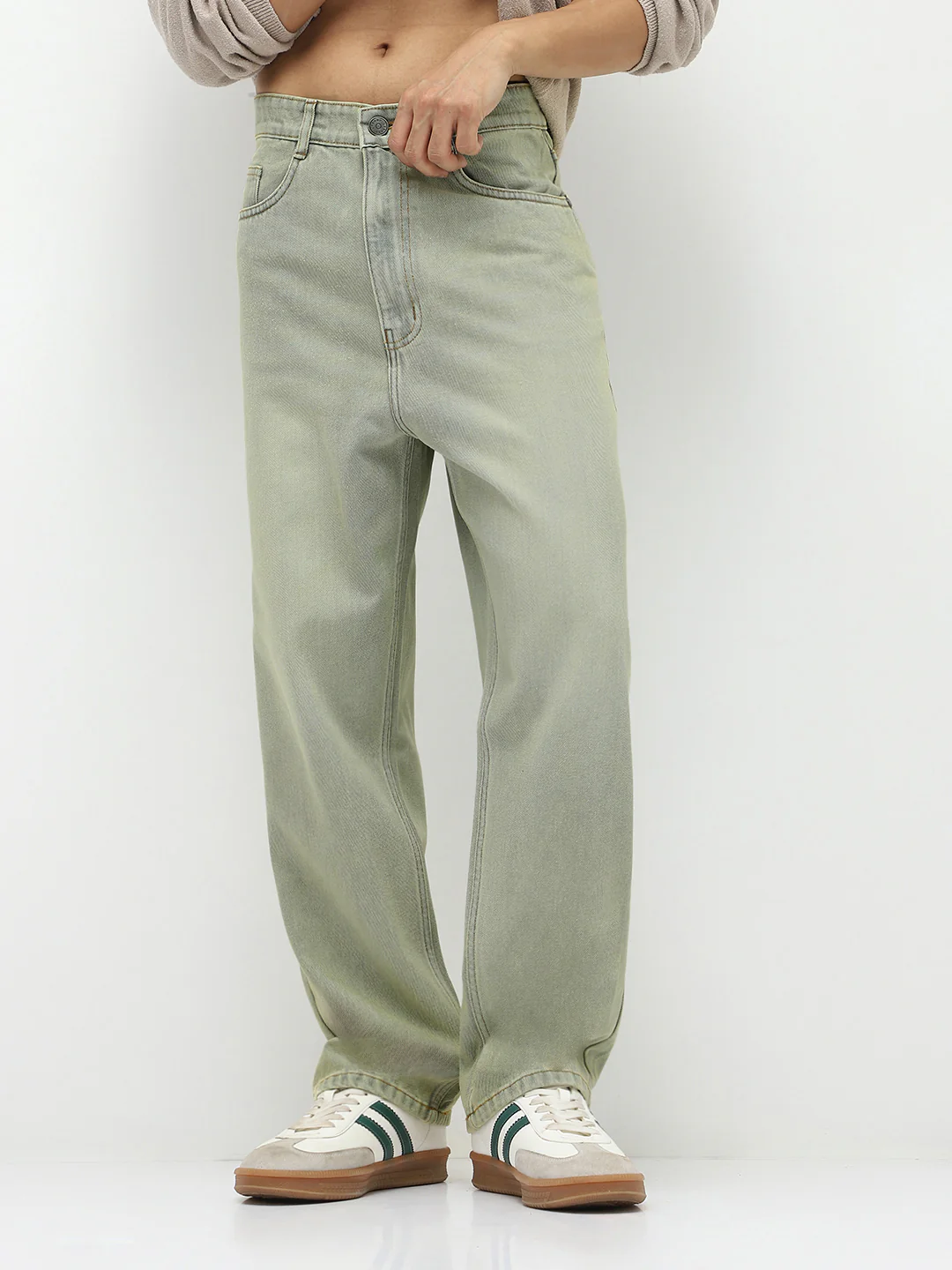 Men's Ice Grey Loose Baggy Fit Heavy Washed Jeans Non-Stretchable