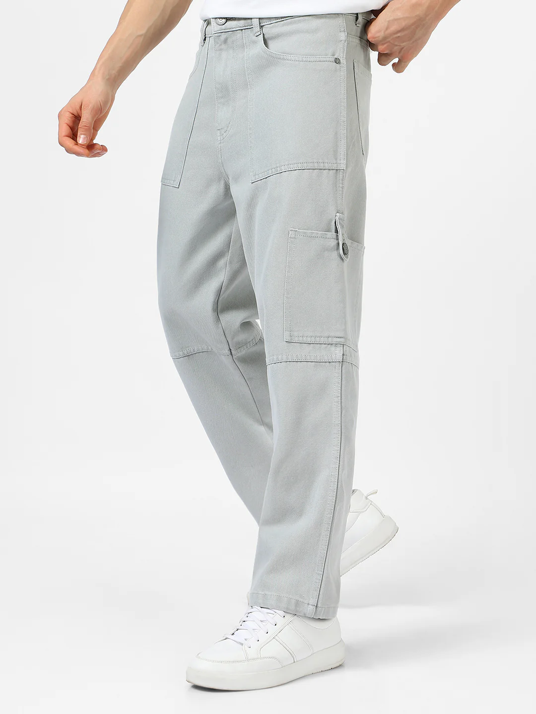 Men's Ice Grey Loose Baggy Fit Washed Cargo Jeans with 6 Pockets Non-Stretchable - Image 2