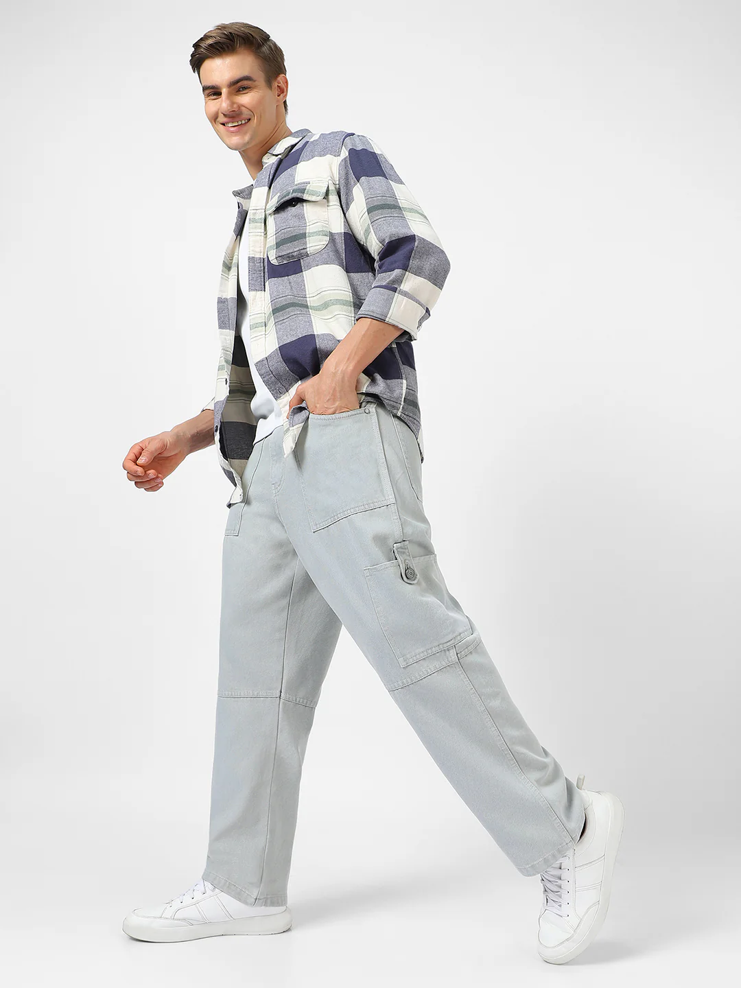 Men's Ice Grey Loose Baggy Fit Washed Cargo Jeans with 6 Pockets Non-Stretchable - Image 4