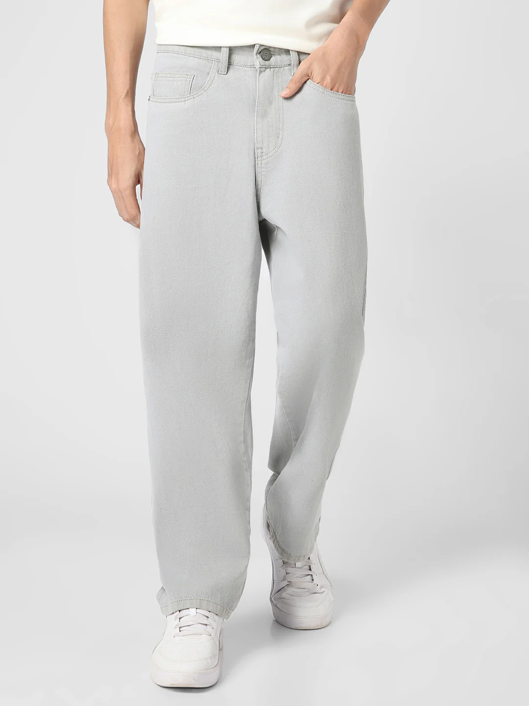 Men's Ice Grey Loose Baggy Fit Washed Jeans Non-Stretchable - Image 2