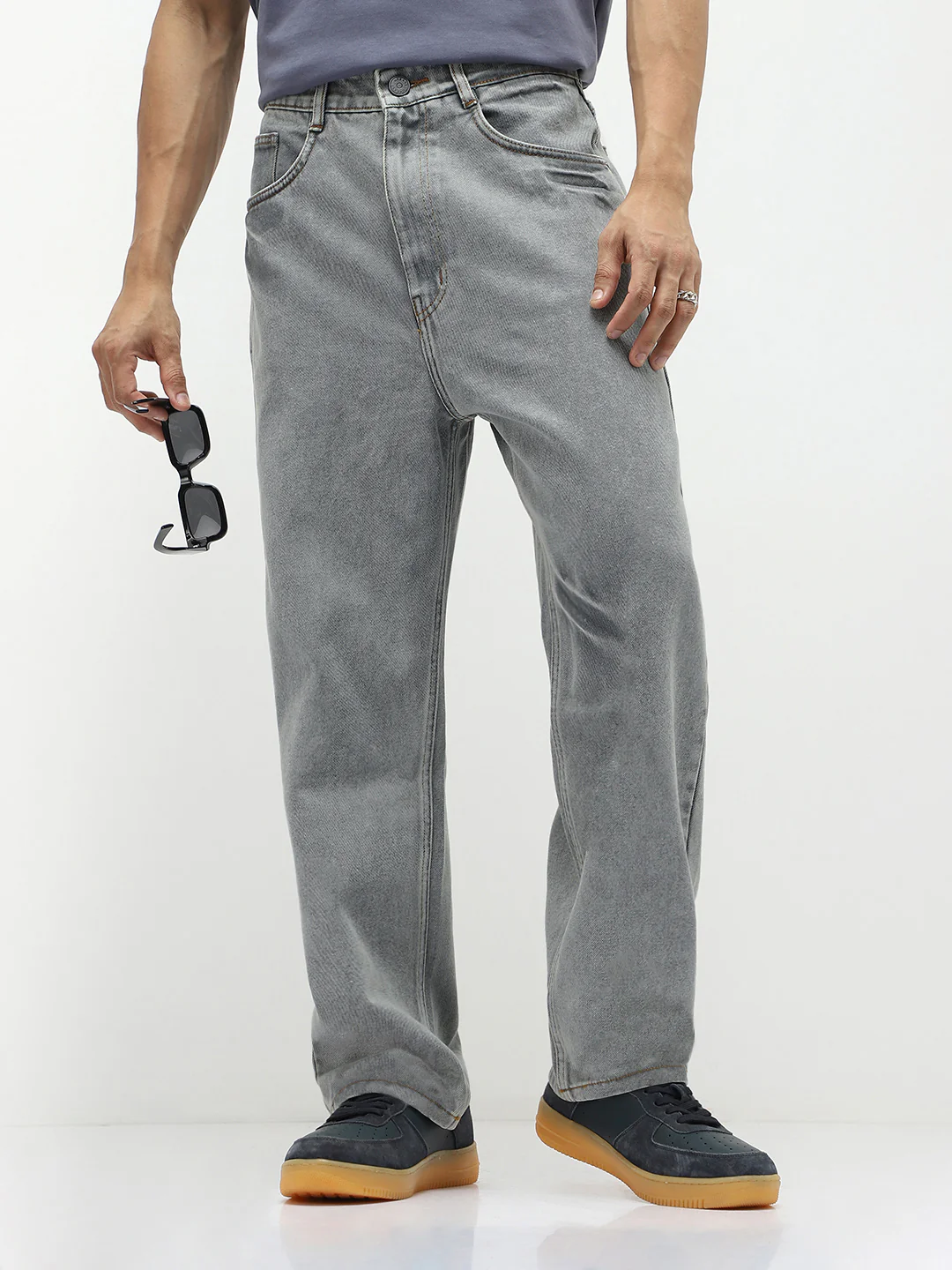 Men's Ice Grey Loose Baggy Fit Washed Jeans Non-Stretchable