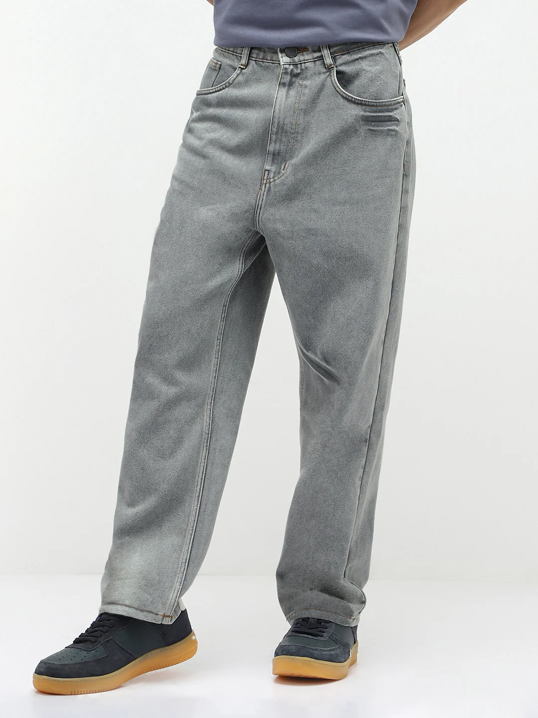 Men's Ice Grey Loose Baggy Fit Washed Jeans Non-Stretchable - Image 2