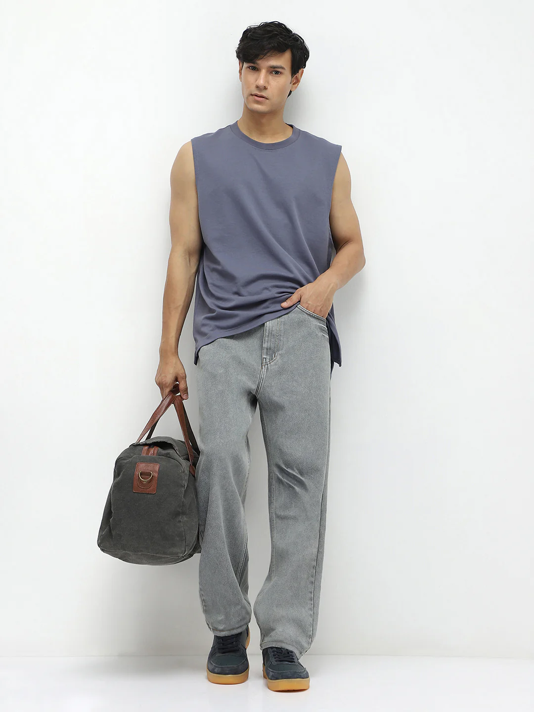 Men's Ice Grey Loose Baggy Fit Washed Jeans Non-Stretchable - Image 4