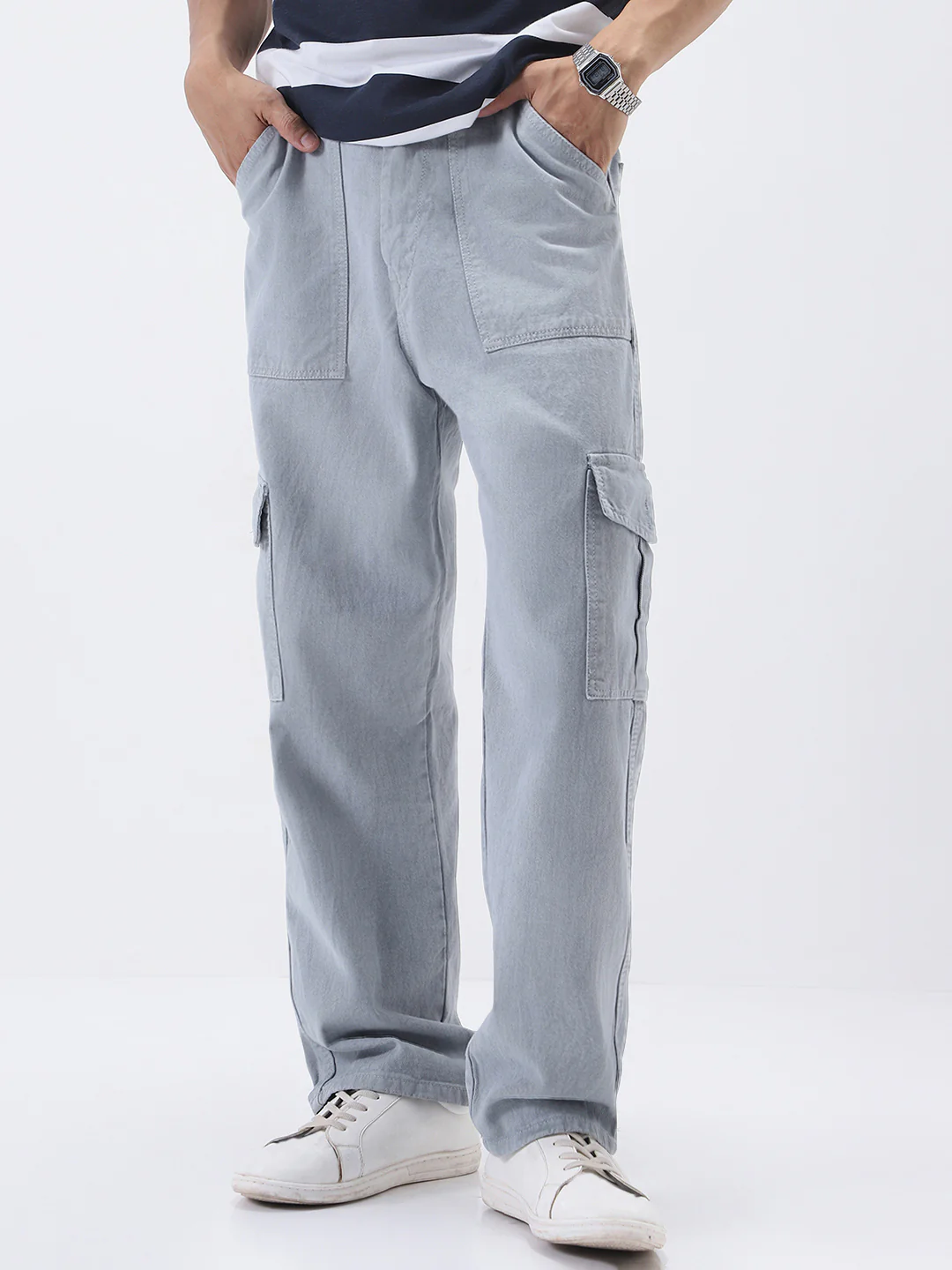Men's Ice Grey Loose Fit Cargo Jeans with 6 Pockets Non-Stretchable - Image 2