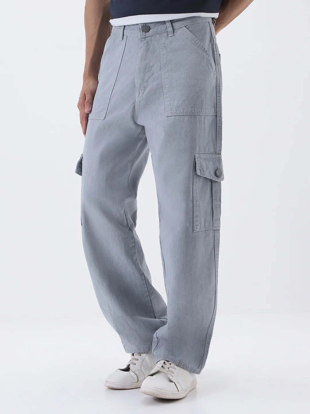 Men's Ice Grey Loose Fit Cargo Jeans with 6 Pockets Non-Stretchable - Image 3