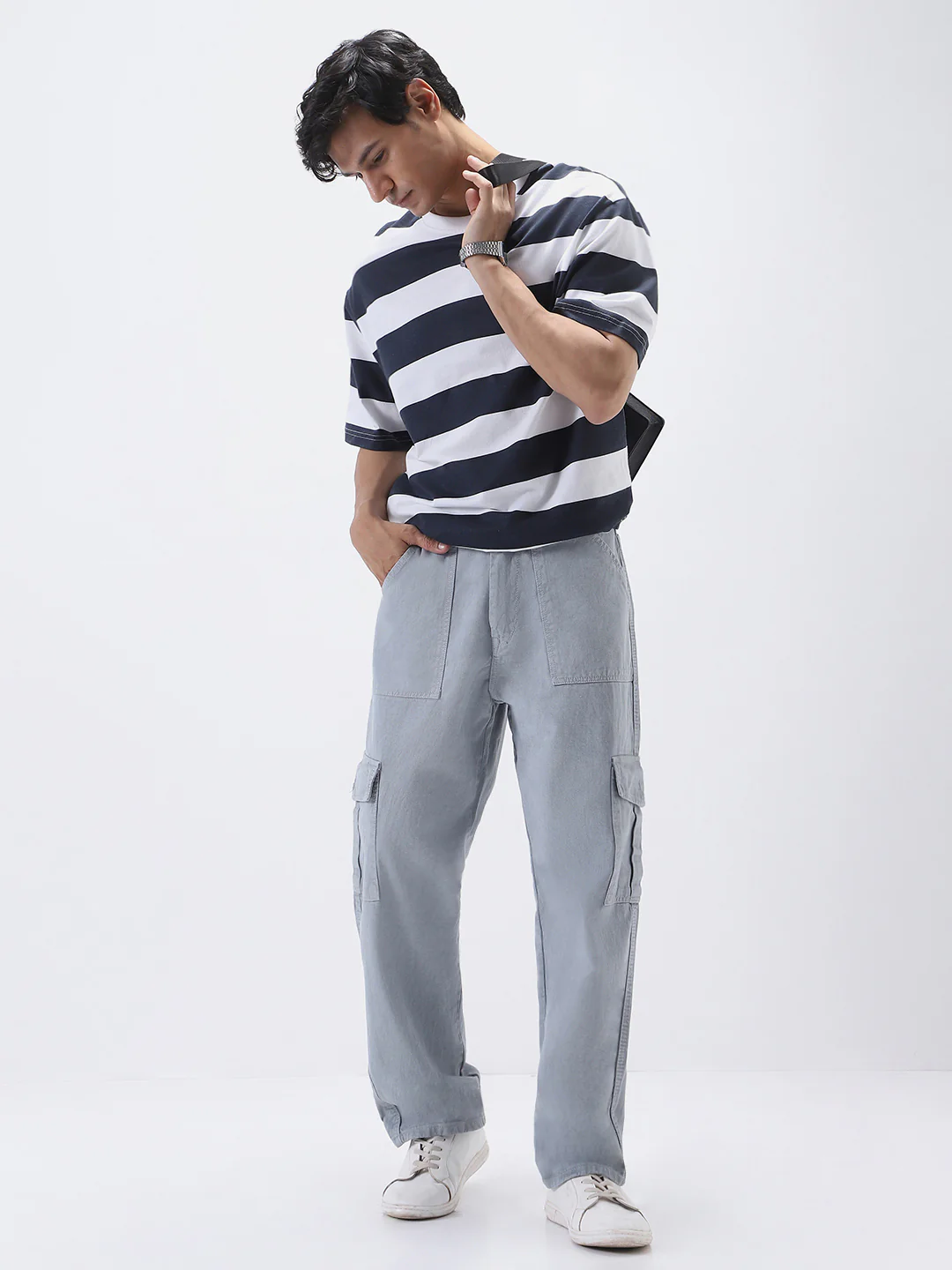 Men's Ice Grey Loose Fit Cargo Jeans with 6 Pockets Non-Stretchable - Image 5