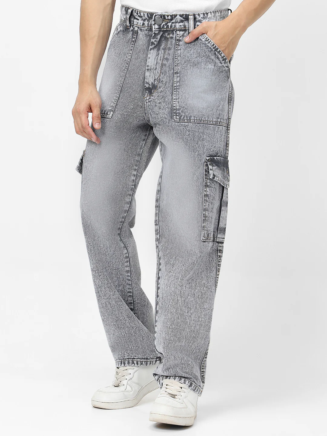 Men's Ice Grey Loose Baggy Fit Washed Cargo Jeans with 6 Pockets Non-Stretchable - Image 2