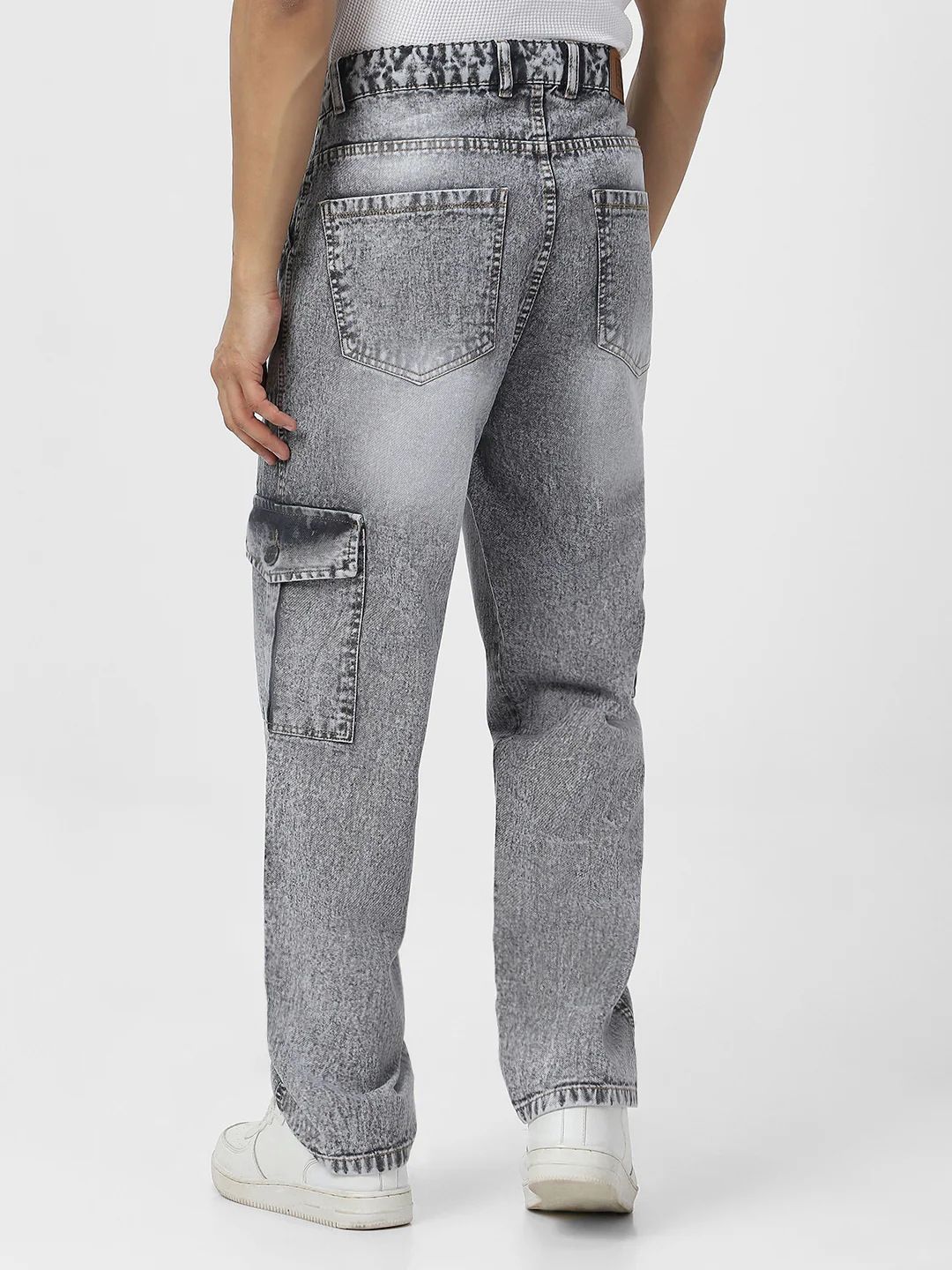 Men's Ice Grey Loose Baggy Fit Washed Cargo Jeans with 6 Pockets Non-Stretchable - Image 3