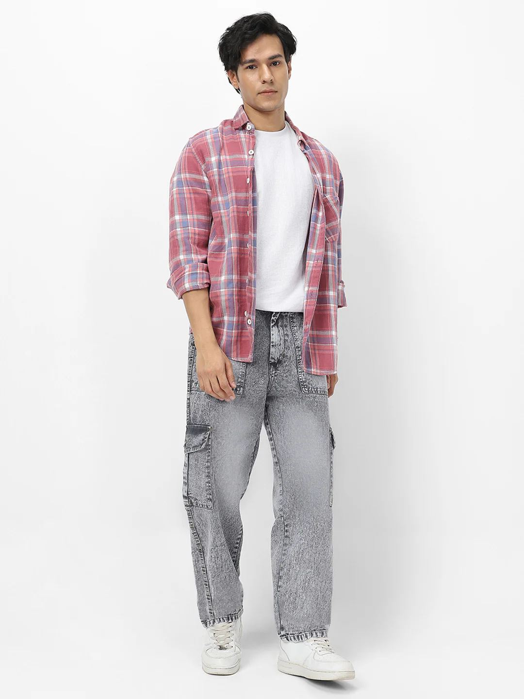 Men's Ice Grey Loose Baggy Fit Washed Cargo Jeans with 6 Pockets Non-Stretchable - Image 4