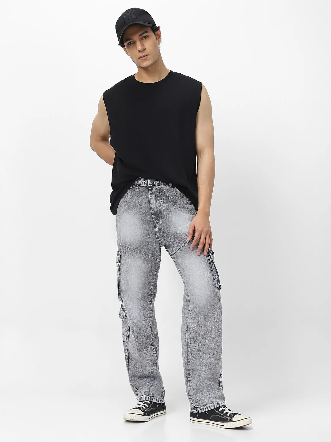 Men's Ice Grey Loose Baggy Fit Washed Cargo Jeans with 7 Pockets Non-Stretchable - Image 4