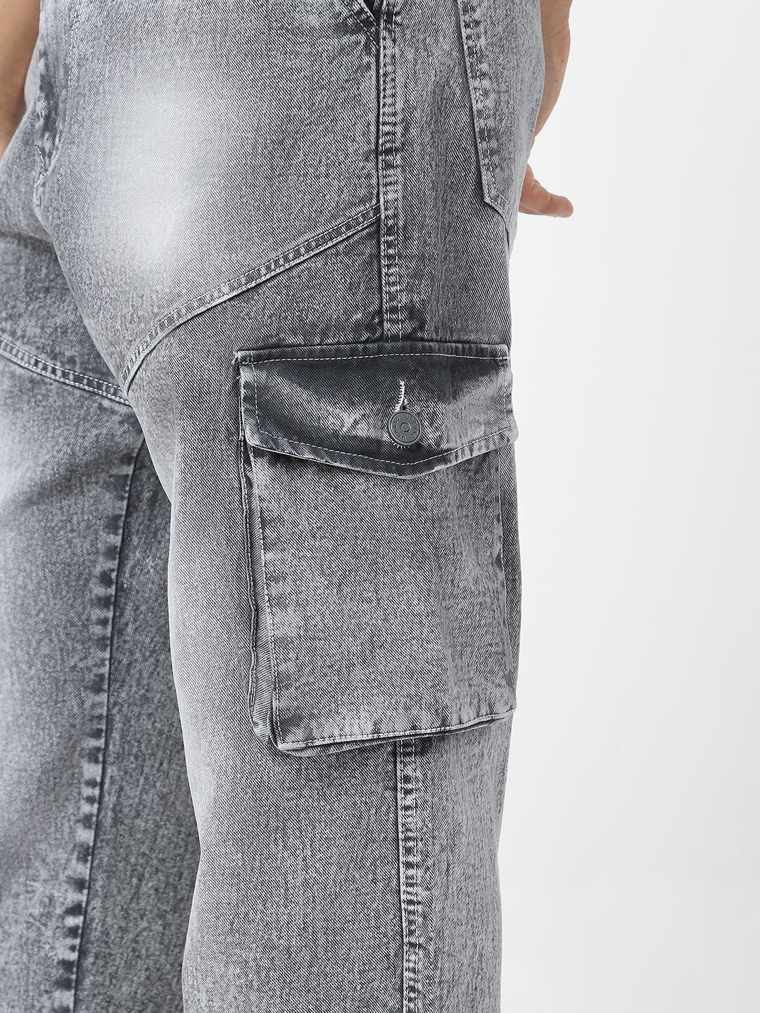 Men's Ice Grey Loose Baggy Fit Washed Cargo Jeans with 7 Pockets Non-Stretchable - Image 6