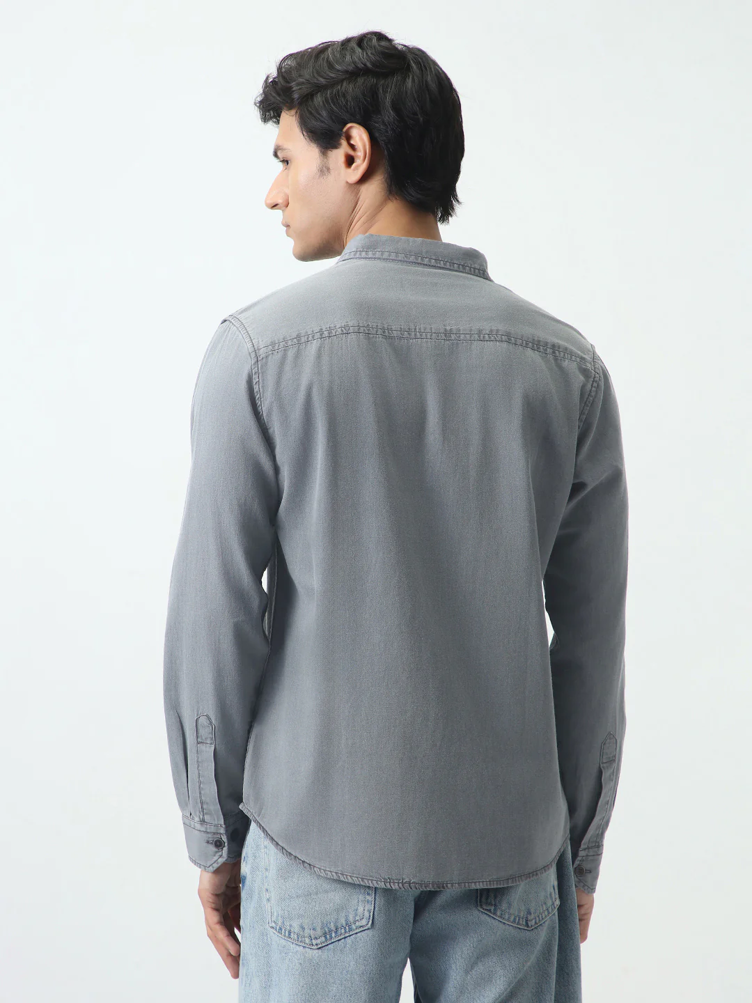 Men's Ice Grey Regular Fit Full Sleeve Solid Denim Shirt - Image 3