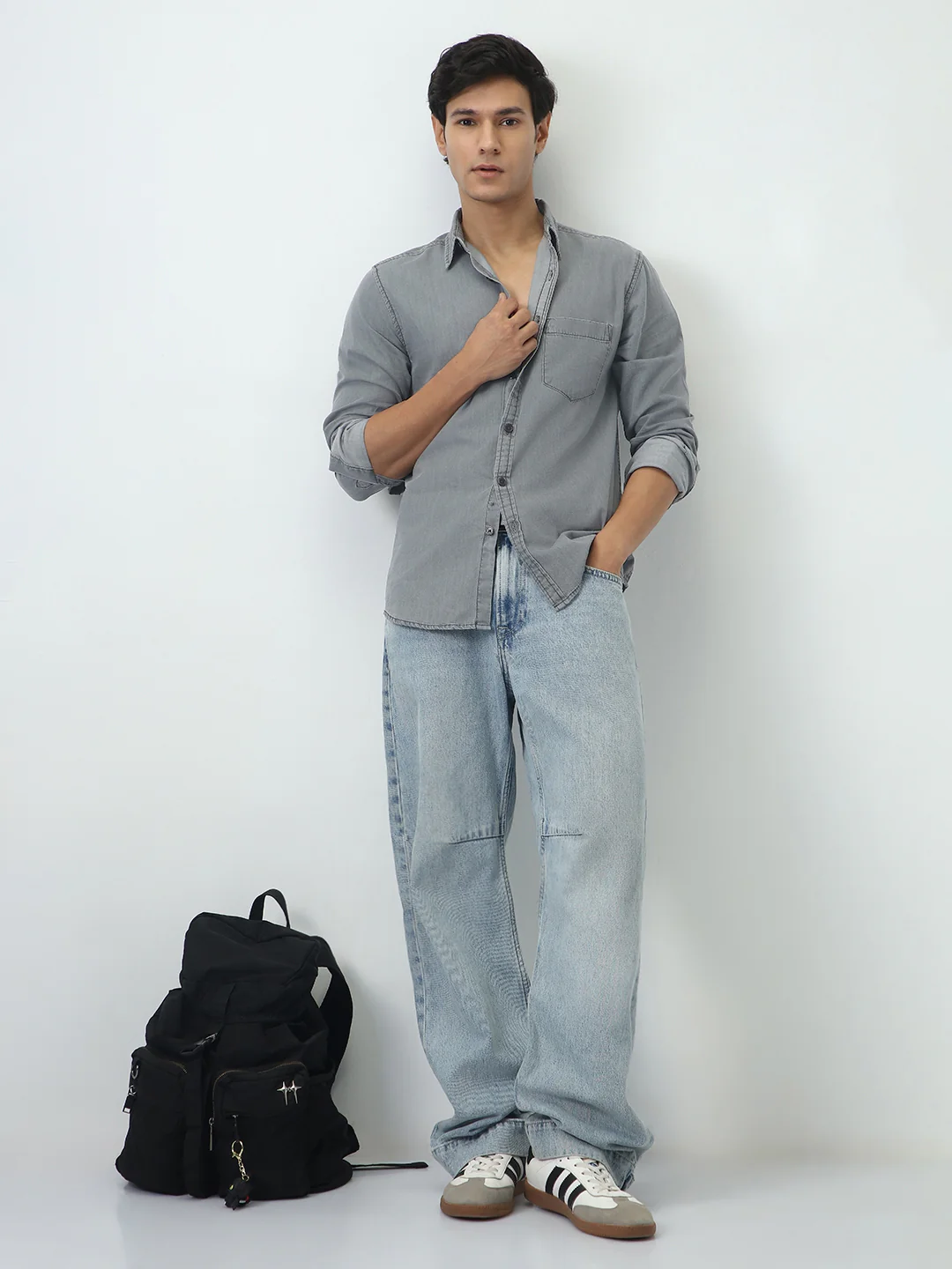 Men's Ice Grey Regular Fit Full Sleeve Solid Denim Shirt - Image 4