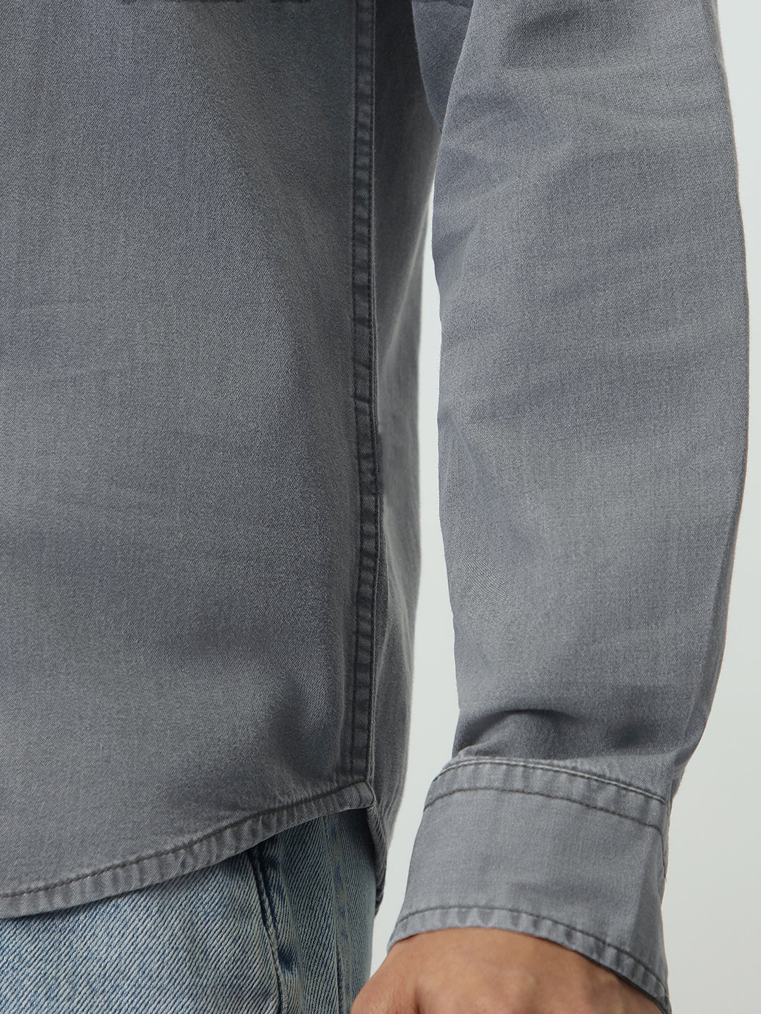 Men's Ice Grey Regular Fit Full Sleeve Solid Denim Shirt - Image 6