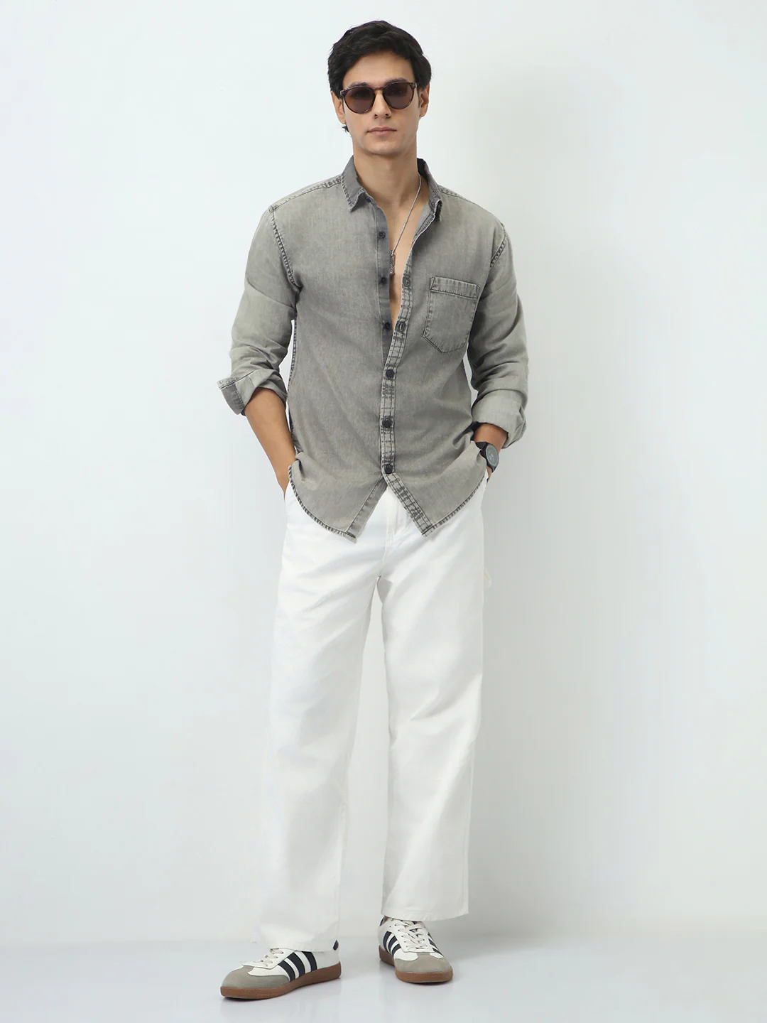 Men's Ice Grey Regular Fit Full Sleeve Washed Denim Shirt - Image 4
