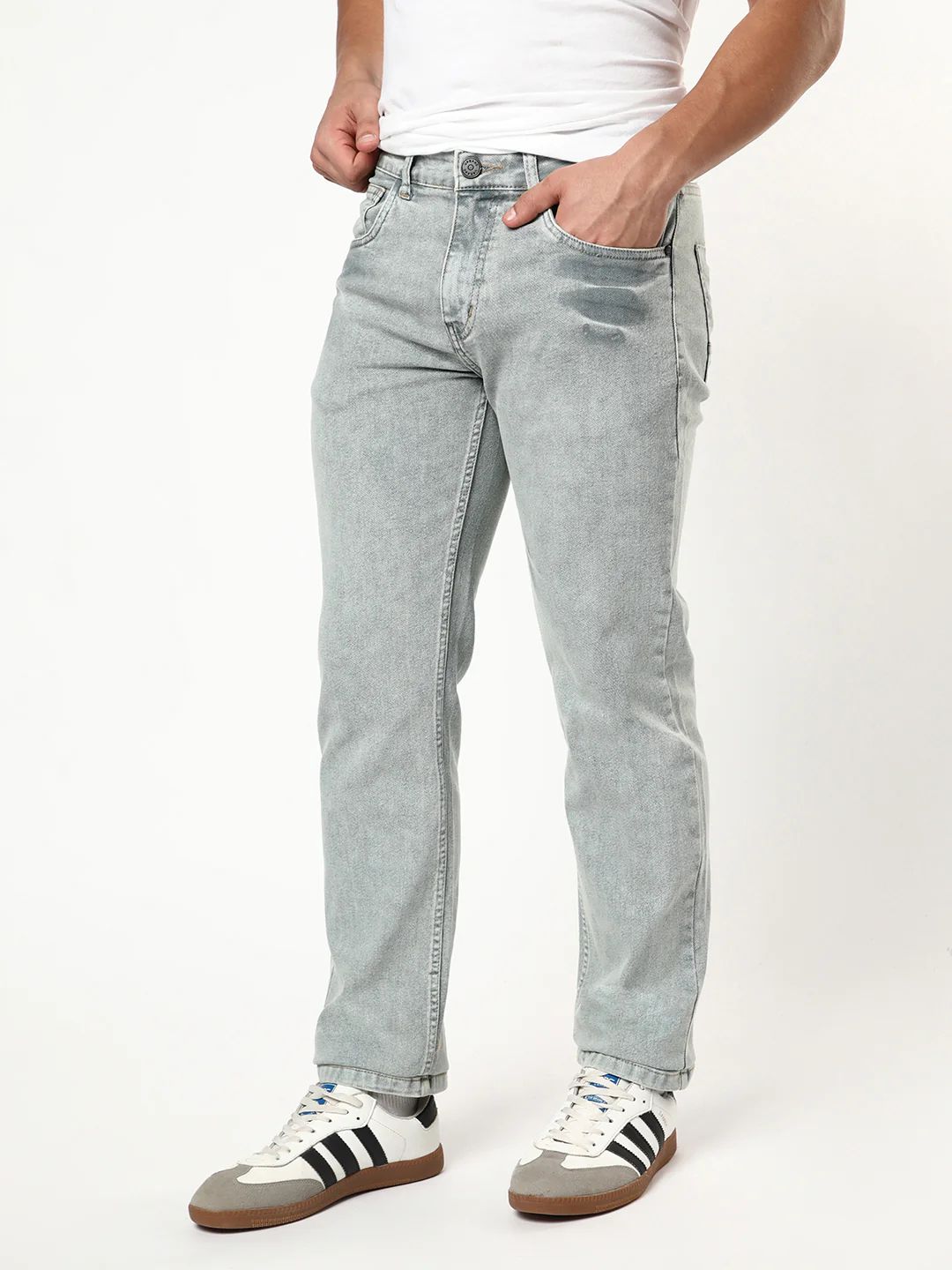 Men's Ice Grey Regular Fit Acid Washed Denim Jeans Stretchable - Image 2