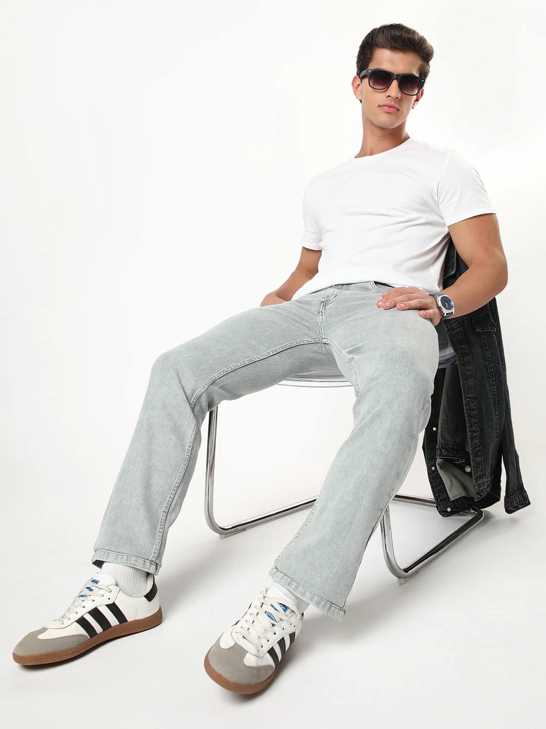 Men's Ice Grey Regular Fit Acid Washed Denim Jeans Stretchable - Image 4