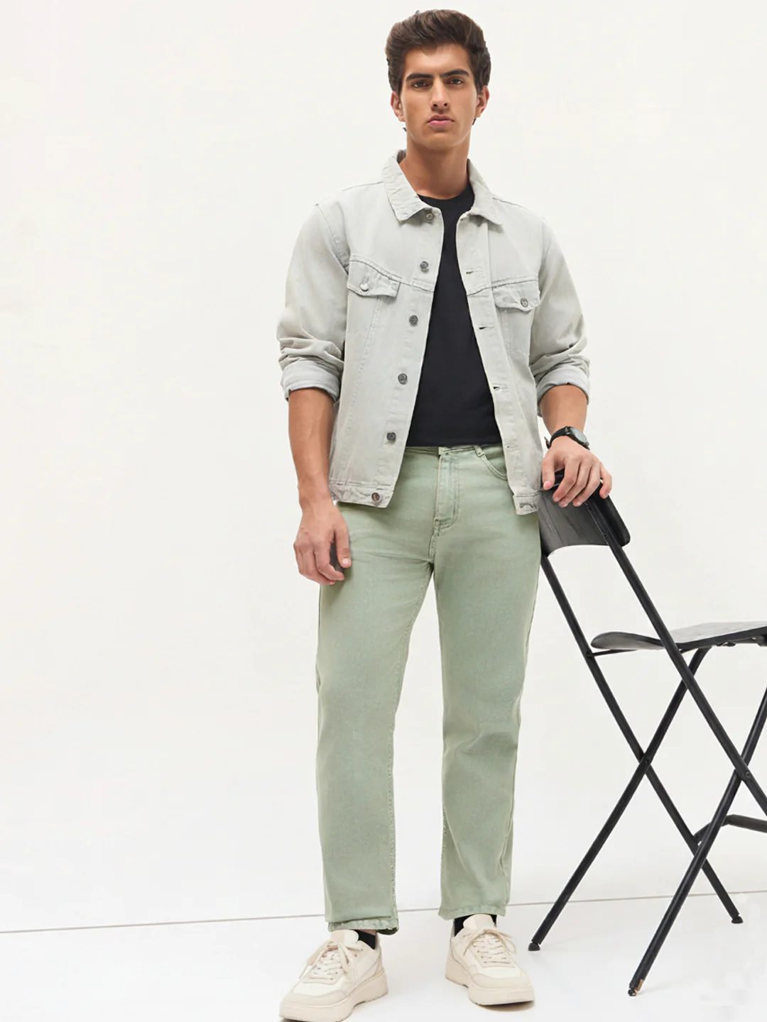 Men's Ice Grey Regular Fit Towel Washed Yellow Tint Denim Jeans Stretchable - Image 5