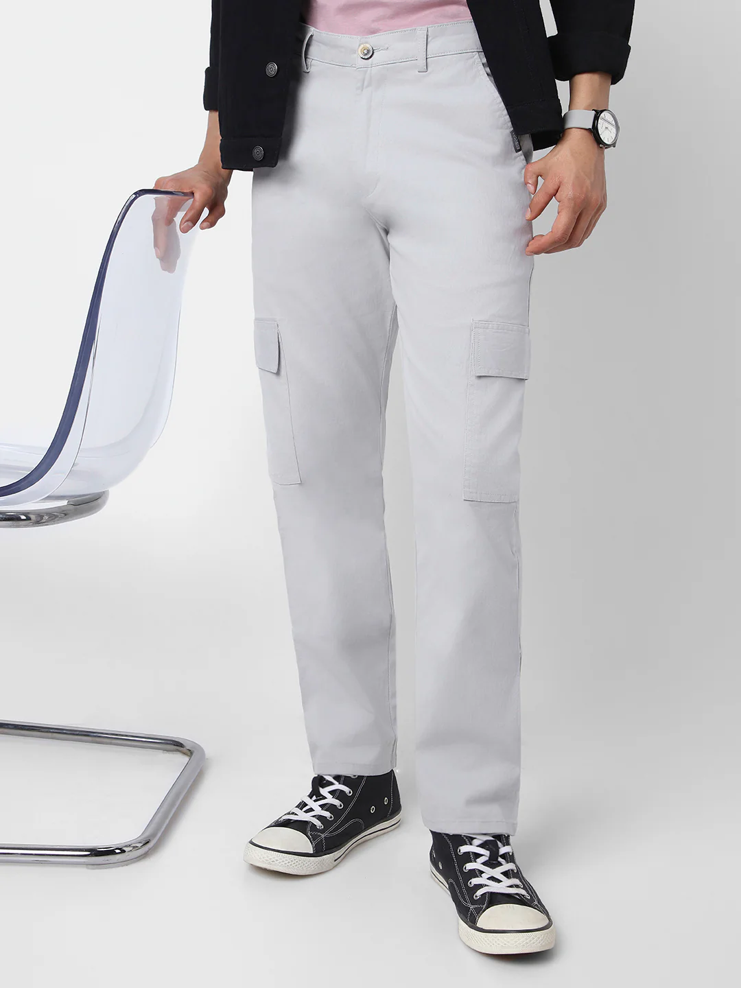 Urbano Fashion Men's Ice Grey Regular Fit Solid Cargo Chino Pant with 6 Pockets Stretchable - Image 2