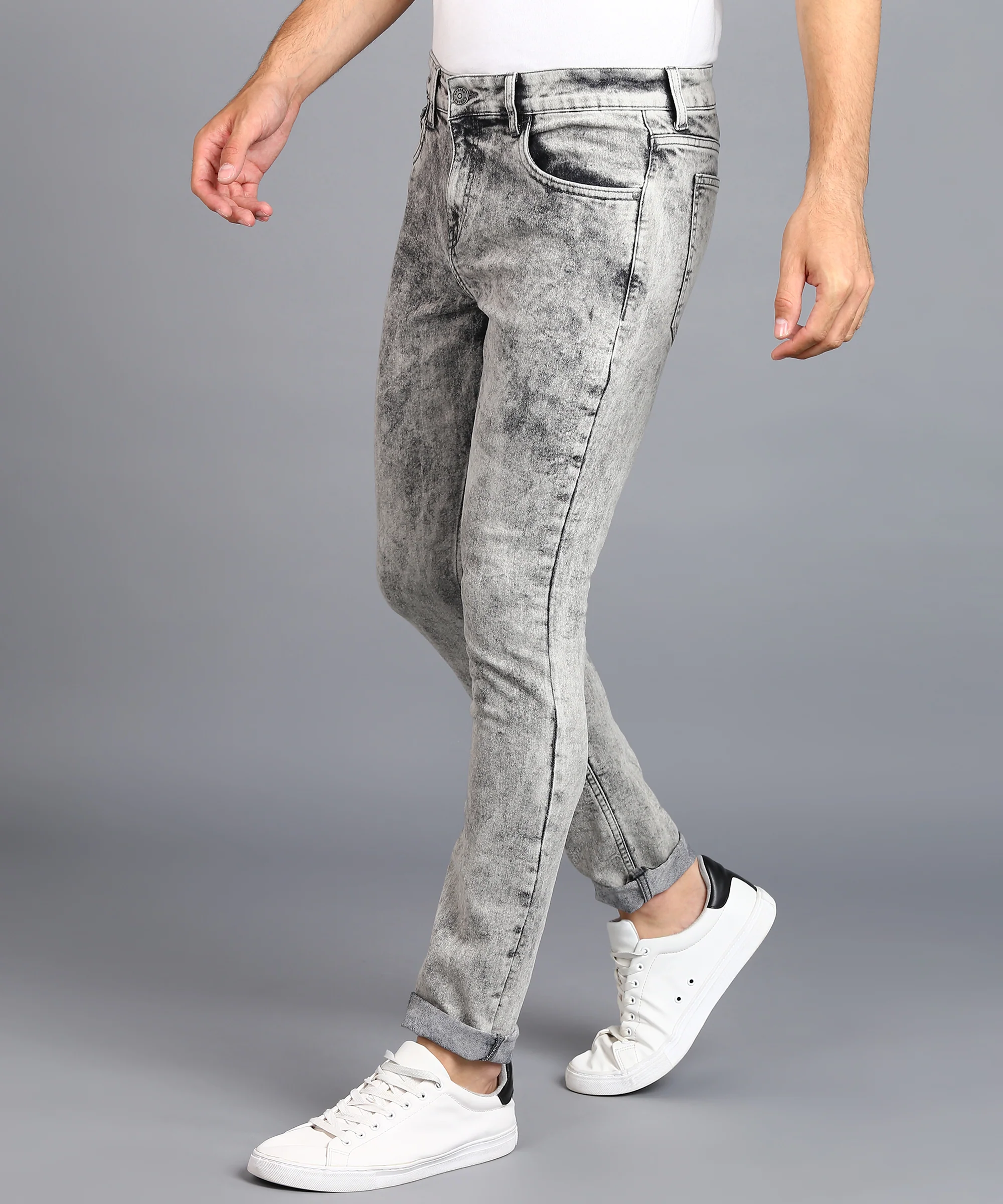Men's Ice Grey Regular Fit Washed Jeans Stretchable - Image 3