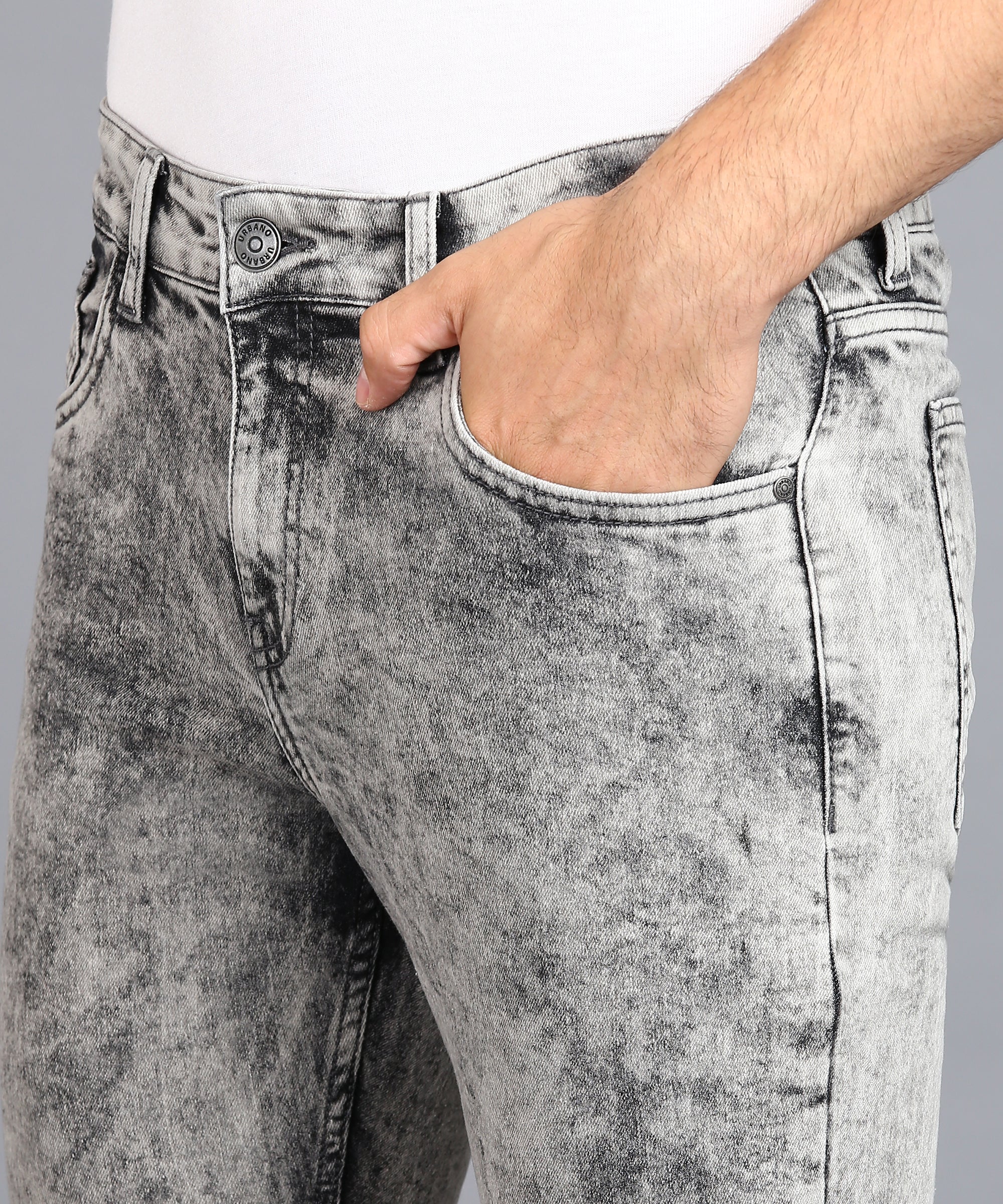 Men's Ice Grey Regular Fit Washed Jeans Stretchable - Image 6