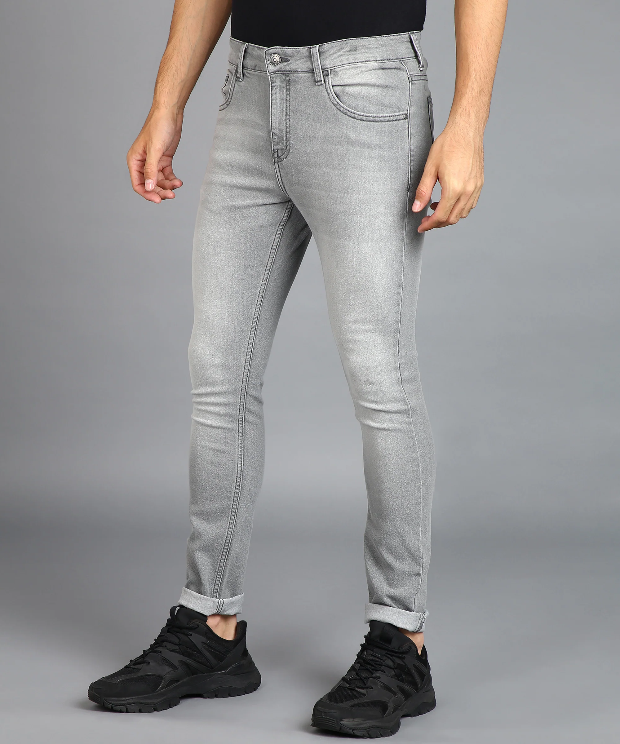 Men's Ice Grey Regular Fit Washed Jeans Stretchable - Image 3
