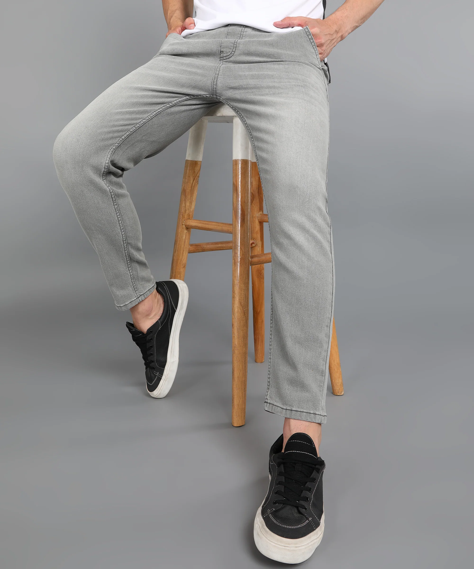 Men's Ice Grey Regular Fit Washed Jogger Jeans Stretchable - Image 4