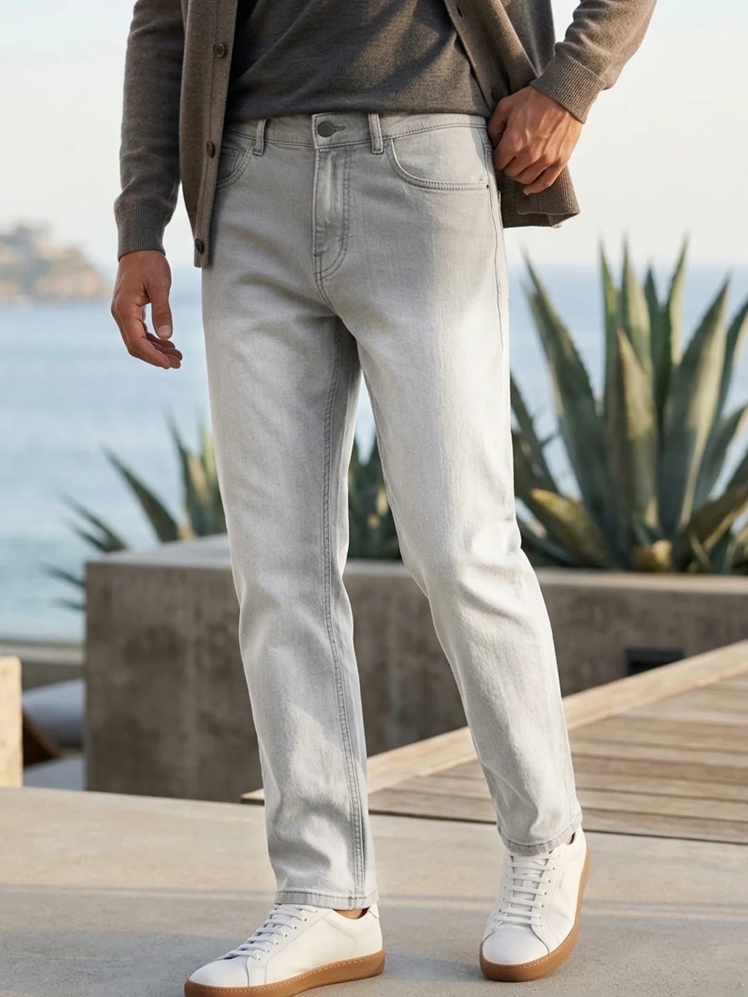 Men's Ice Grey Straight Fit Heavy Washed Faded Denim Jeans Stretchable