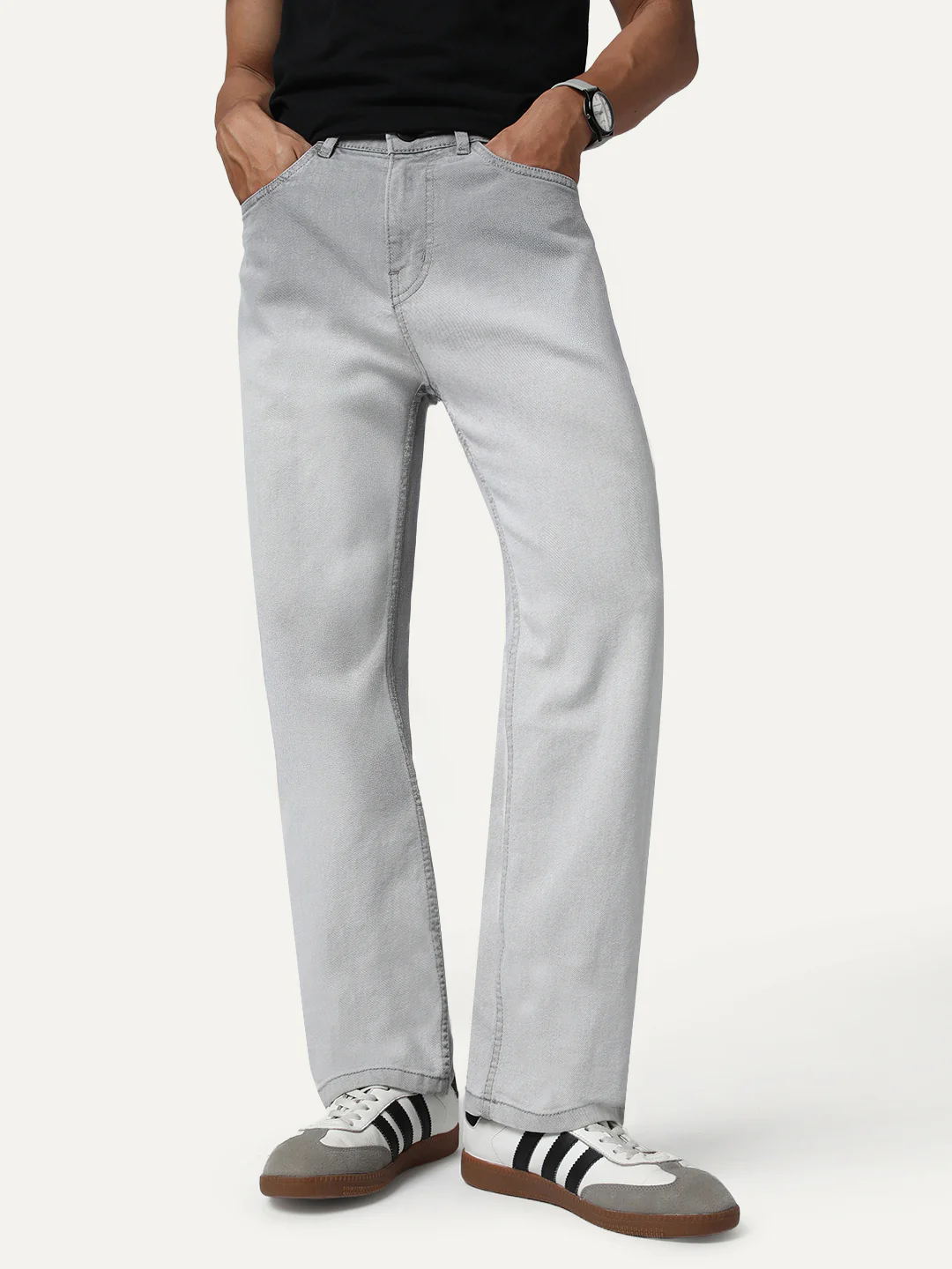 Men's Ice Grey Straight Fit Heavy Washed Faded Denim Jeans Stretchable - Image 2