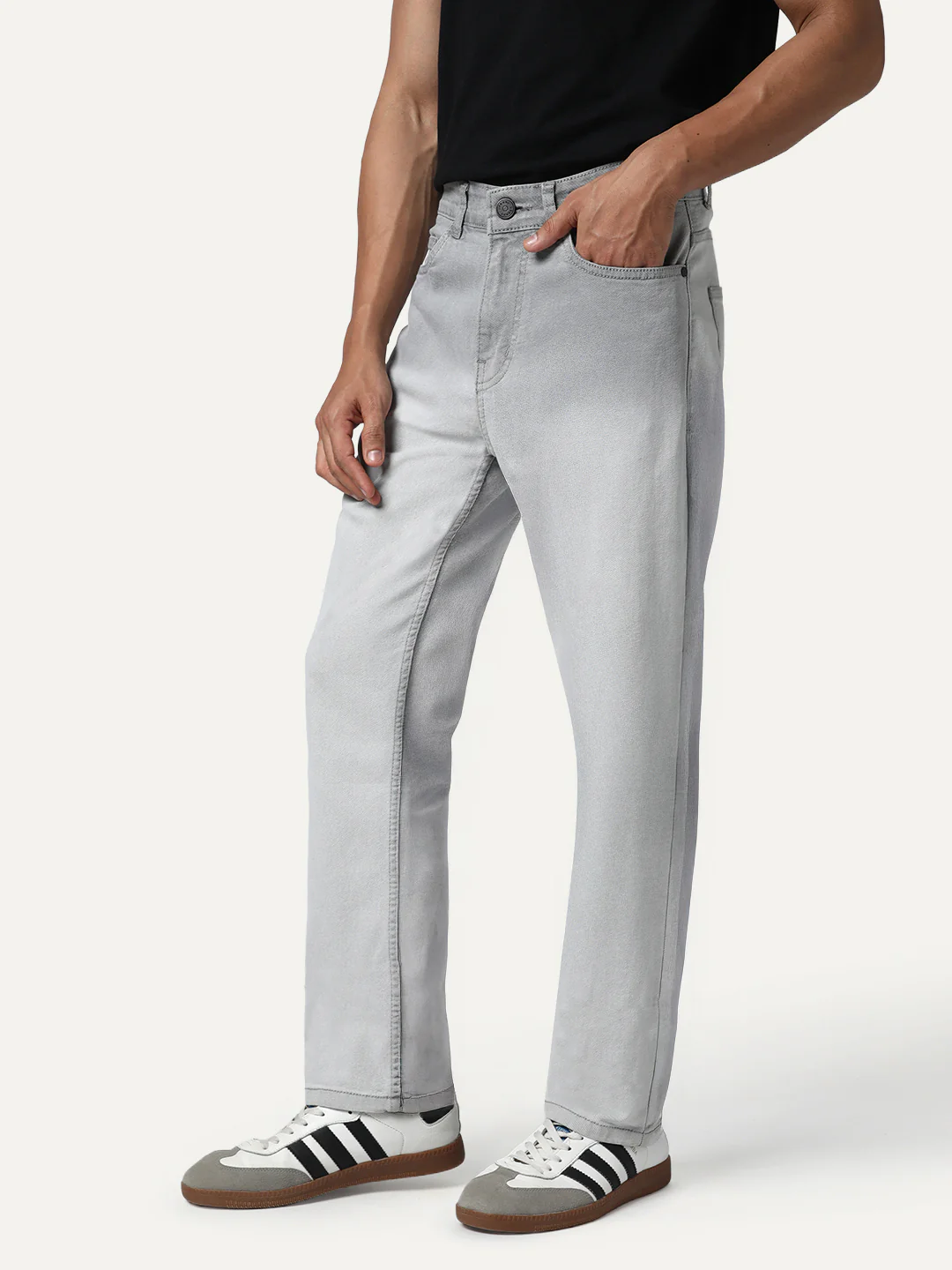 Men's Ice Grey Straight Fit Heavy Washed Faded Denim Jeans Stretchable - Image 3