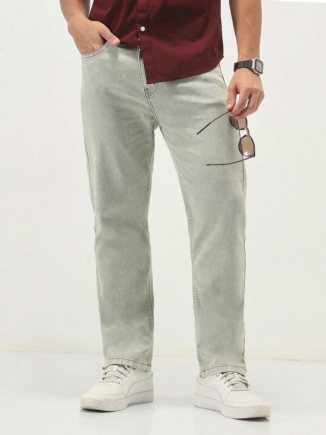 Men's Ice Grey Straight Fit Heavy Washed Jeans Stretchable