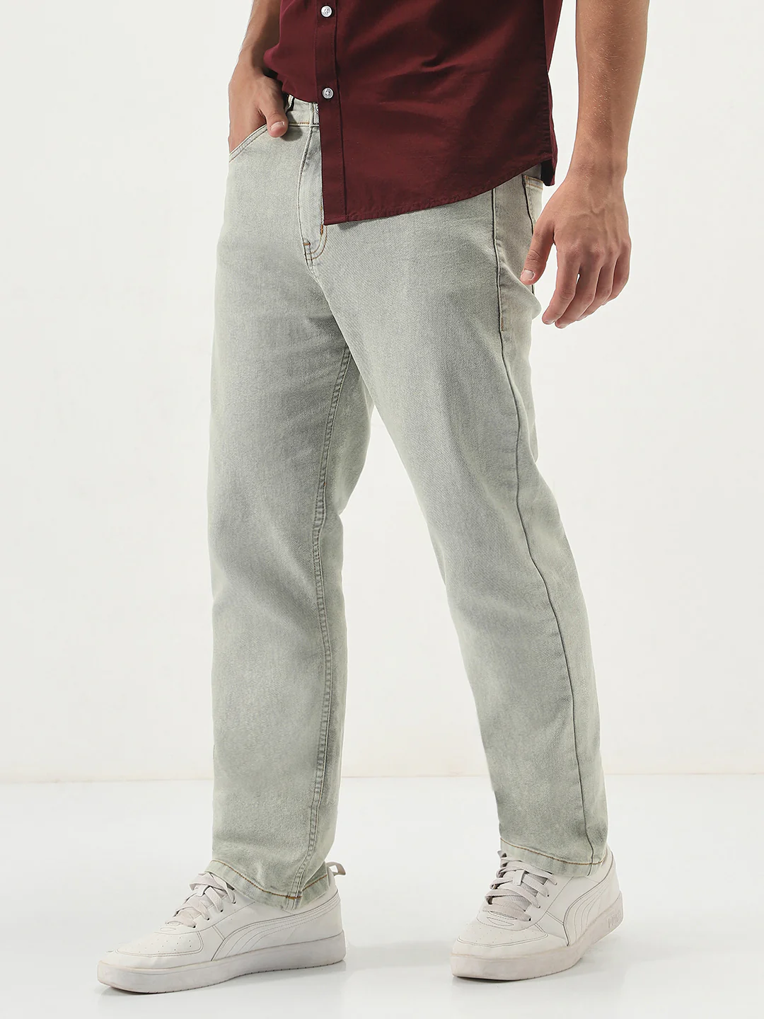 Men's Ice Grey Straight Fit Heavy Washed Jeans Stretchable - Image 2