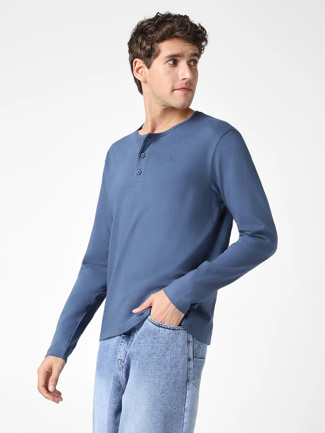 Men's Indigo Blue Solid Henley Neck Slim Fit Full Sleeve Cotton T-Shirt - Image 2