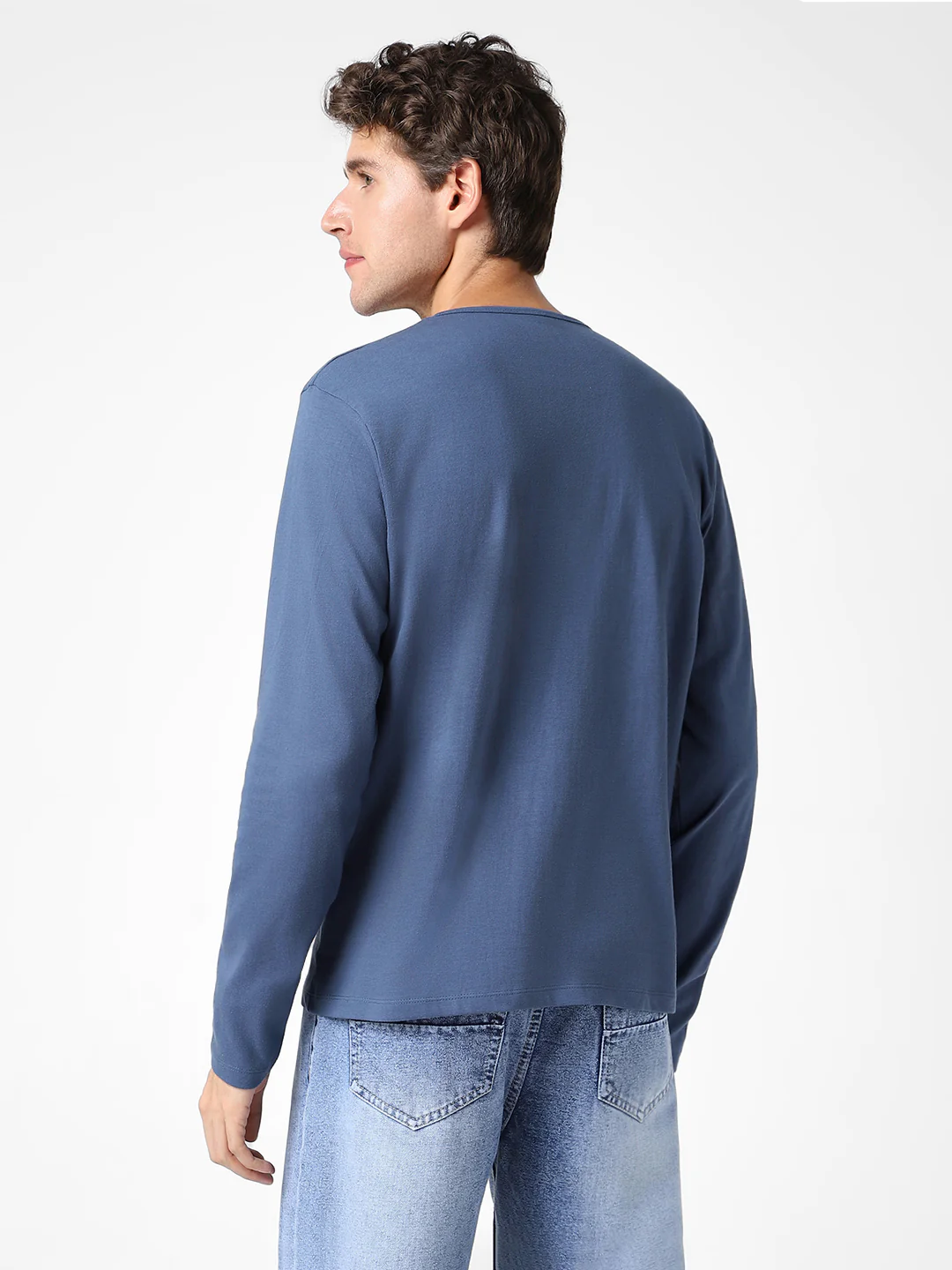 Men's Indigo Blue Solid Henley Neck Slim Fit Full Sleeve Cotton T-Shirt - Image 3