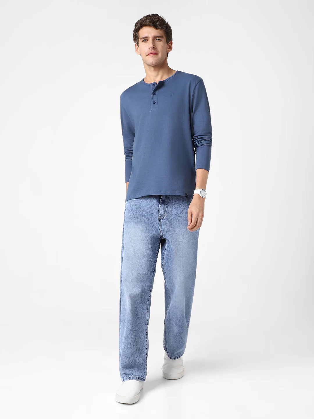 Men's Indigo Blue Solid Henley Neck Slim Fit Full Sleeve Cotton T-Shirt - Image 4