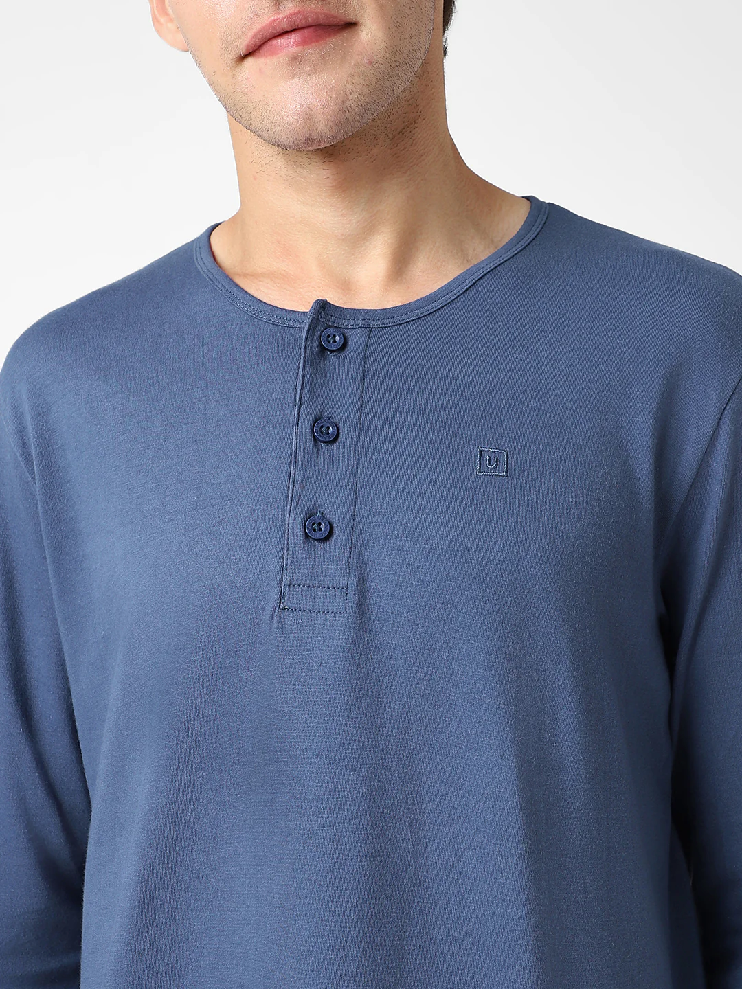 Men's Indigo Blue Solid Henley Neck Slim Fit Full Sleeve Cotton T-Shirt - Image 5