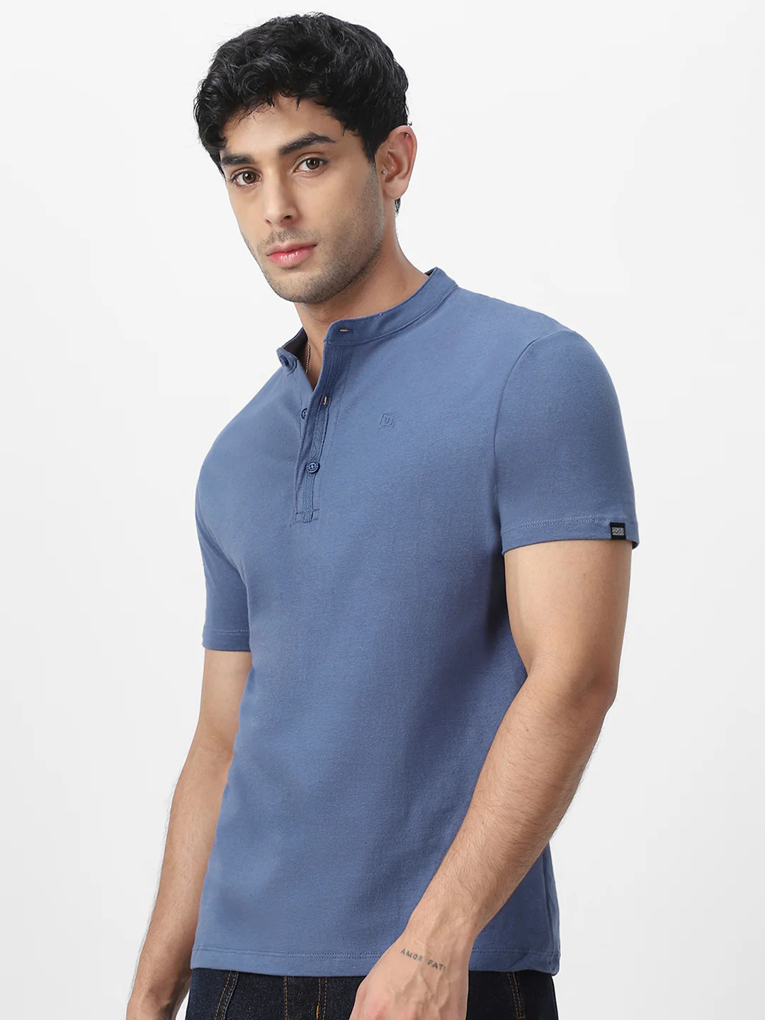 Men's Indigo Blue Solid Mandarin Collar Slim Fit Half Sleeve Cotton T-Shirt - Image 2